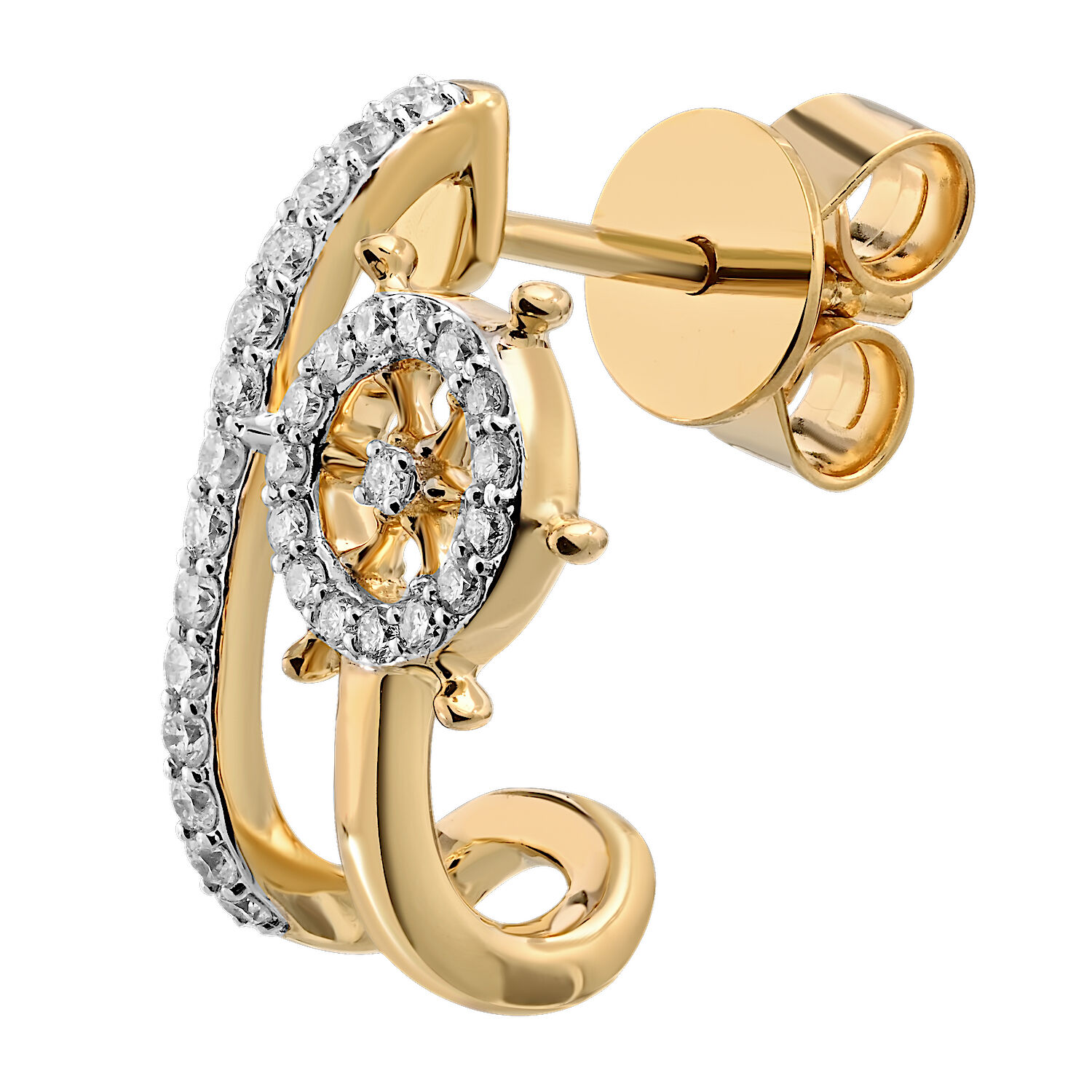 BluSea™ 14K Yellow Gold Earrings Pave Ships Wheel Half Hoop Look Diamond 0.30 Ctw