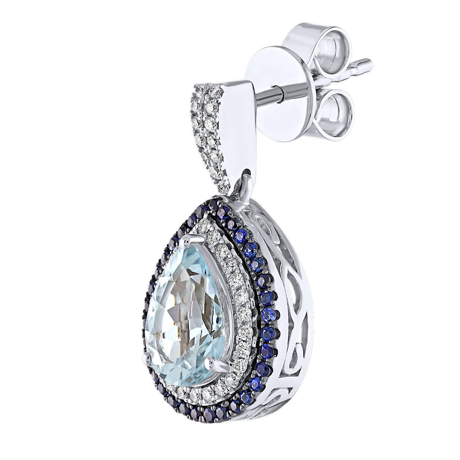 AquaBella™ 14K White Gold Pear Shape Aqua's Sapphire Halo Drops Earrings 0.20 Ctw Natural Aquamarine