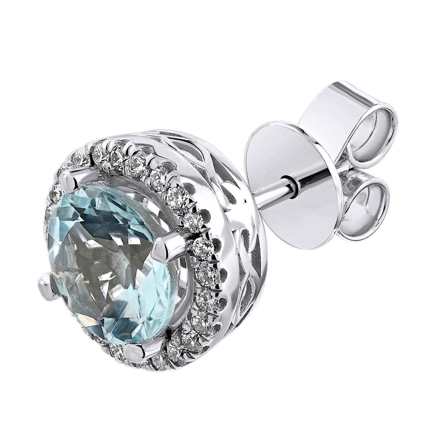 AquaBella™ 14K White Gold Round Aqua's Diamond Halo Studs Earrings 0.24 Ctw Natural Aquamarine