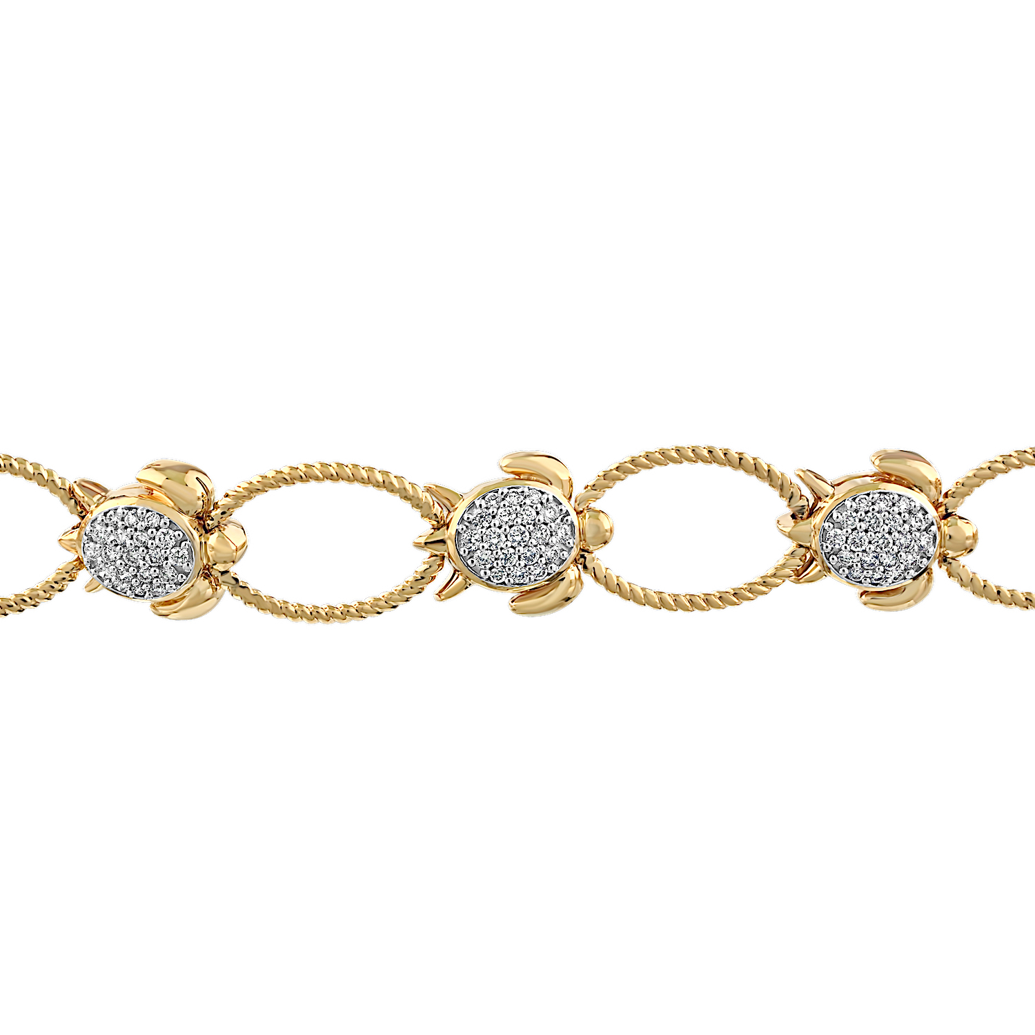 Oceanity™ 14K Yellow Gold Bracelet Large Open Link Twisted Wire with Pave Turtles Between Diamond 0.73 Ctw