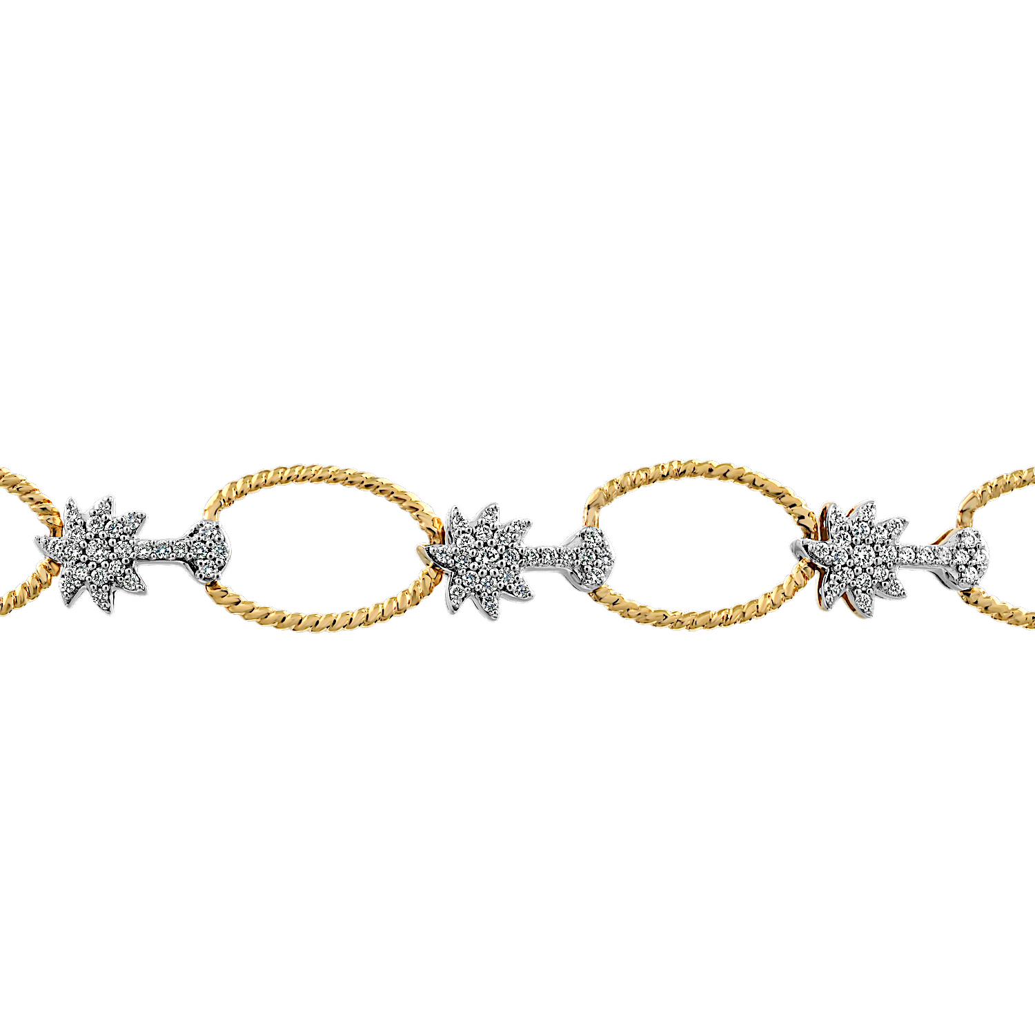 Oceanity™ 14K Yellow Gold Bracelet Large Open Link Twisted Wire with Pave Palm Tree Between Diamond 0.78 Ctw