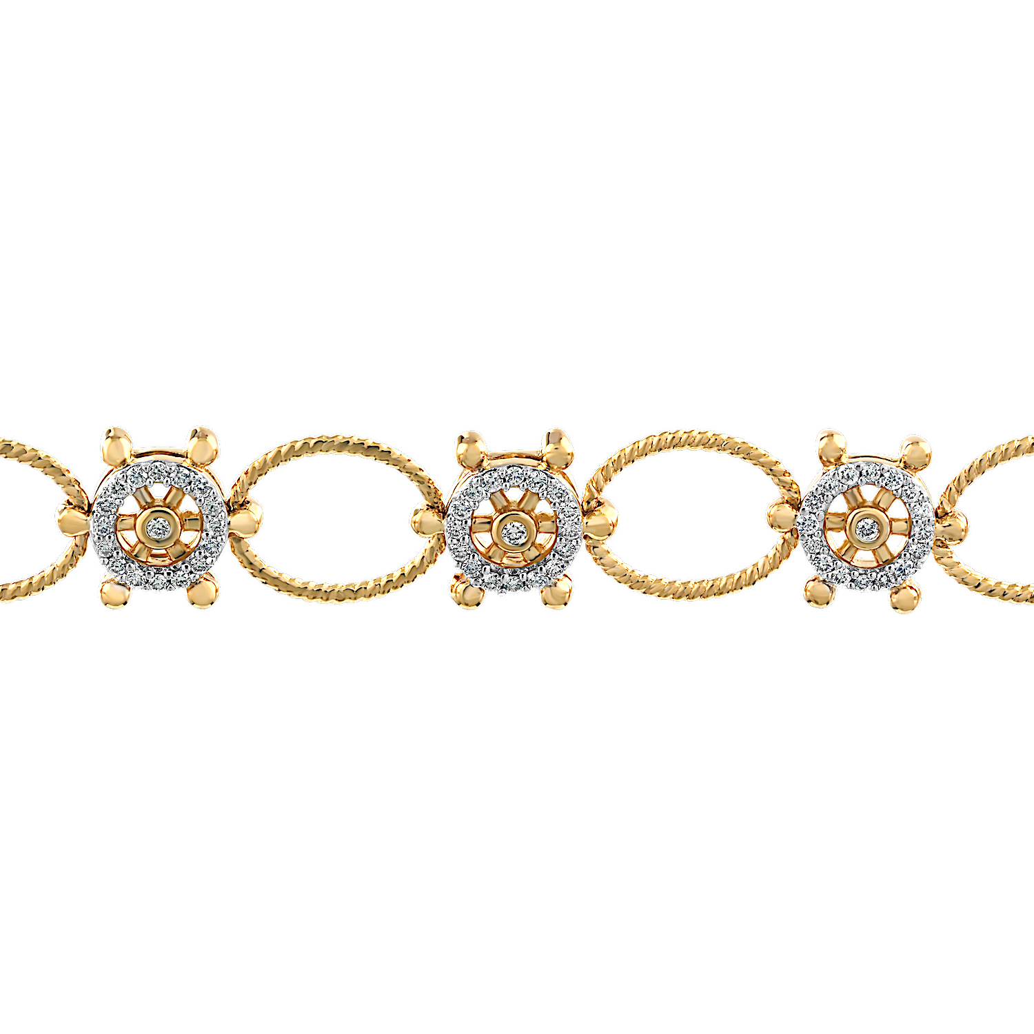 BluSea™ 14K Yellow Gold Bracelet Large Open Link Twisted Wire with Pave Ship Wheels Between Diamond 0.64 Ctw