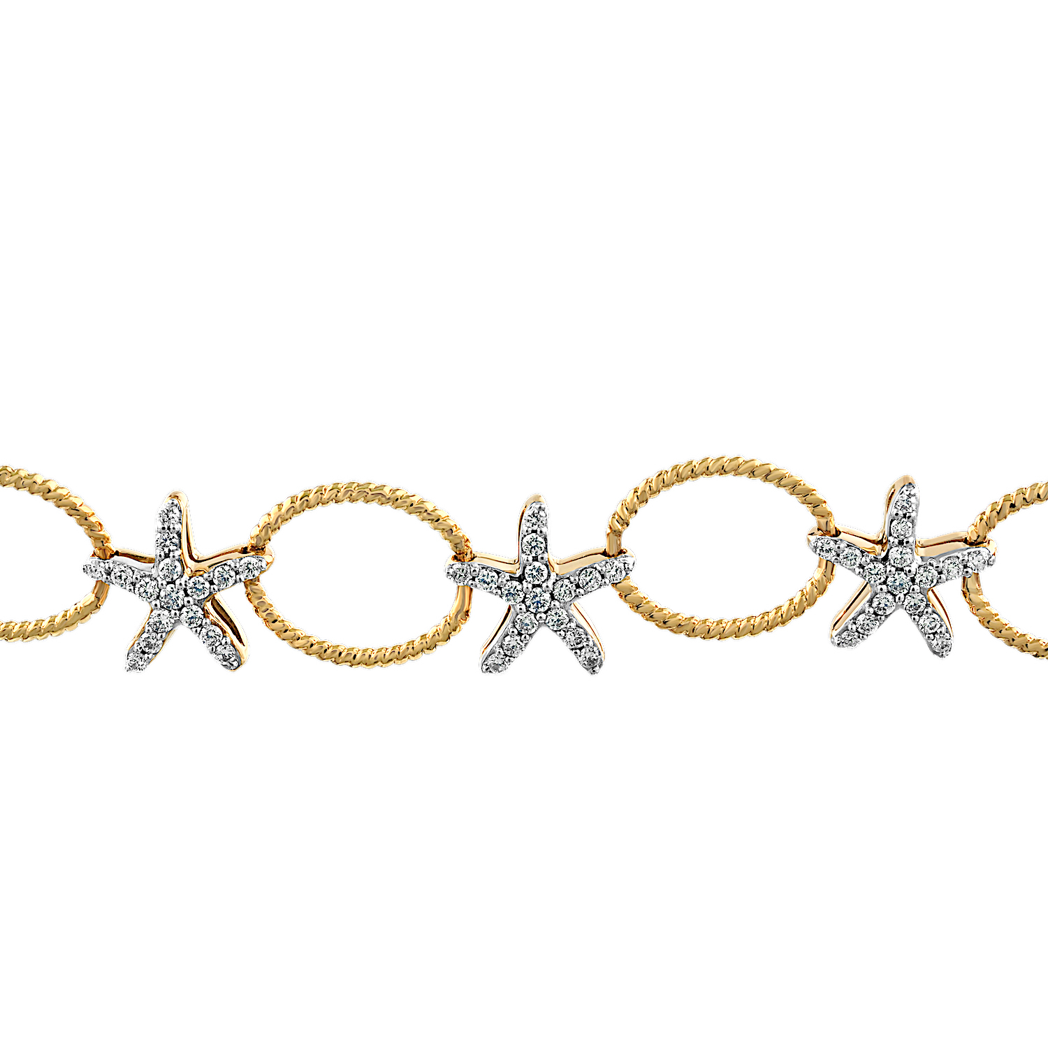 Oceanity™ 14K Yellow Gold Bracelet Large Open Link Twisted Wire with Pave Starfish Between Diamond 0.72 Ctw