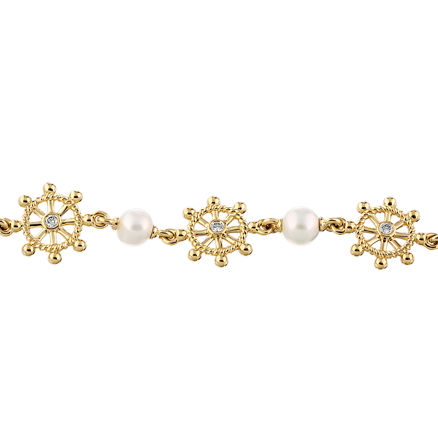 BluSea™ 14K Yellow Gold Bracelet Ship Wheels with Bezel Center 7 x 6mm Pearls Between Diamond 0.15 Ctw