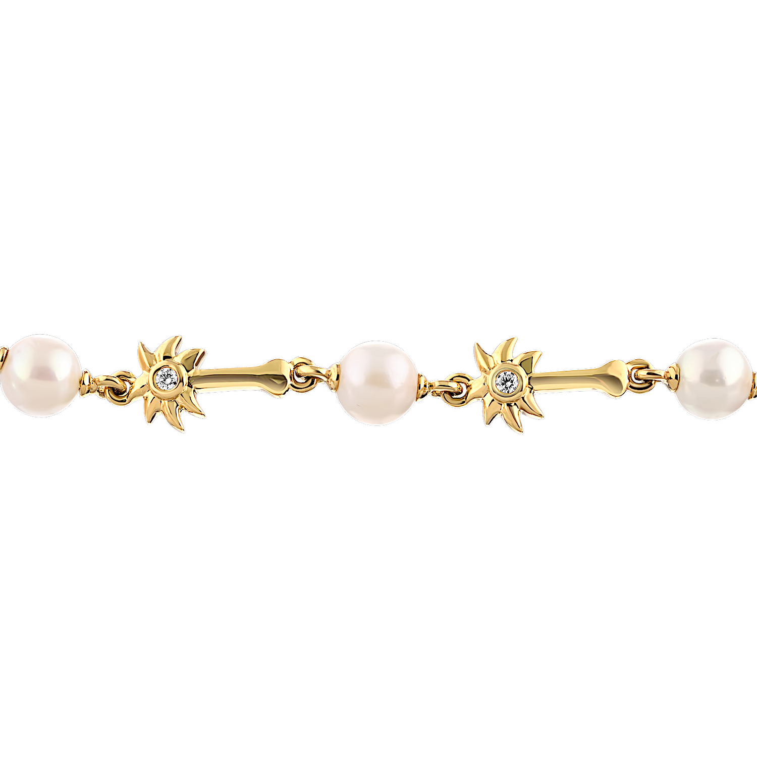 Oceanity™ 14K Yellow Gold Bracelet Palm Trees with Bezel Center 7 x 6mm Pearls Between Diamond 0.15 Ctw