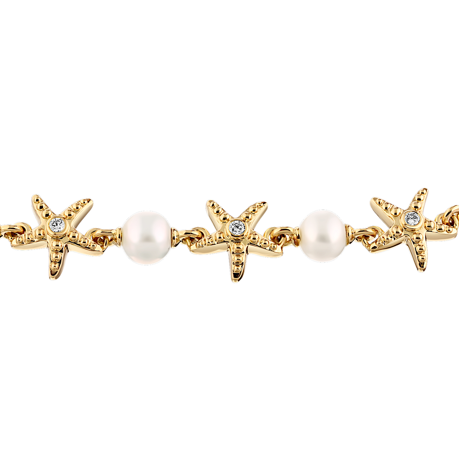 Oceanity™ 14K Yellow Gold Bracelet Starfish with Bezel Center 9 x 6mm Pearls Between Diamond 0.19 Ctw