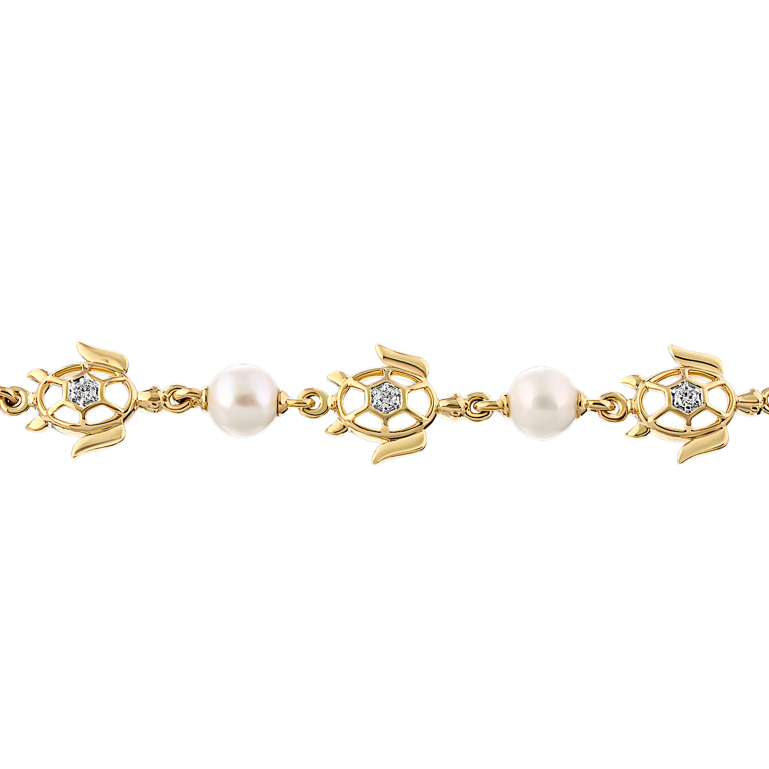 Oceanity™ 14K Yellow Gold Bracelet Turtles with Bezel Center 7 x 6mm Pearls Between Diamond 0.15 Ctw