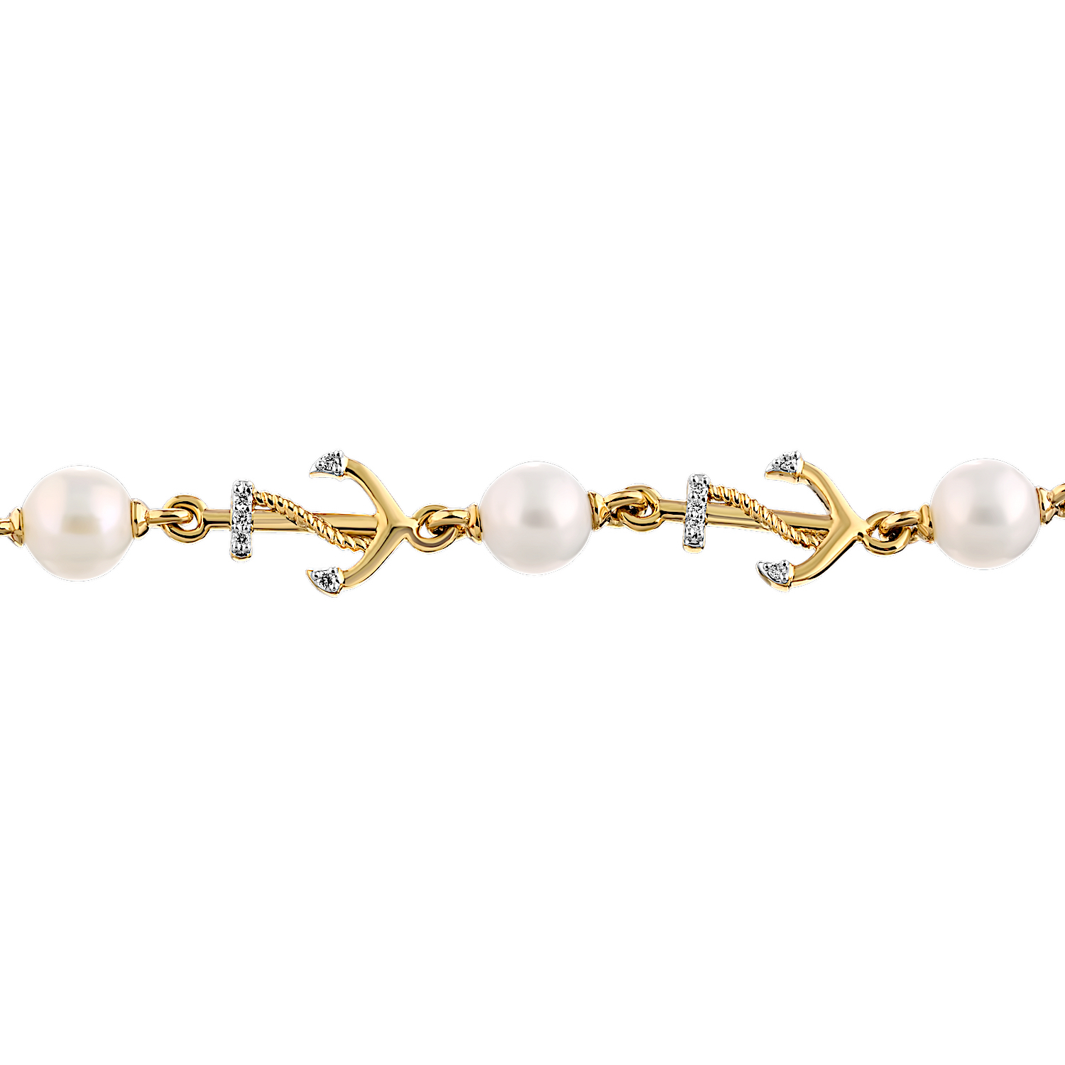 BluSea™ 14K Yellow Gold Bracelet Anchors with 7 x 6mm Pearls Between Diamond 0.14 Ctw