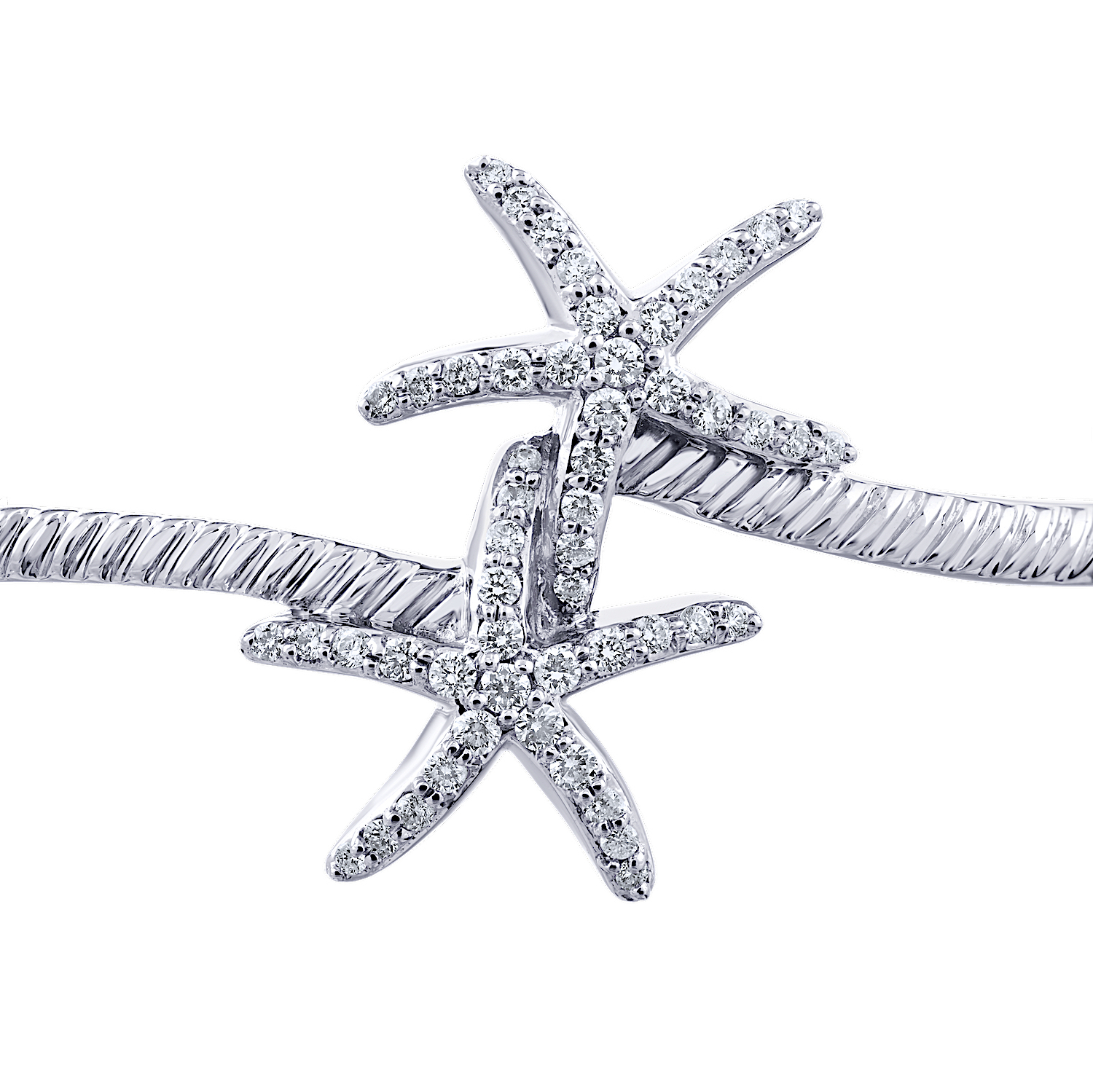 Oceanity™ 14K White Gold Bangle Pave Starfish Bypass Ribbed with Hinged Closure Diamond 0.50 Ctw