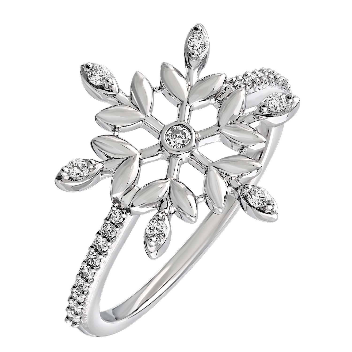 Diamond Frost™ 14K White Gold 6 Prong Snowflake with Leaves Bezel Center Ring Diamond 0.17 Ctw