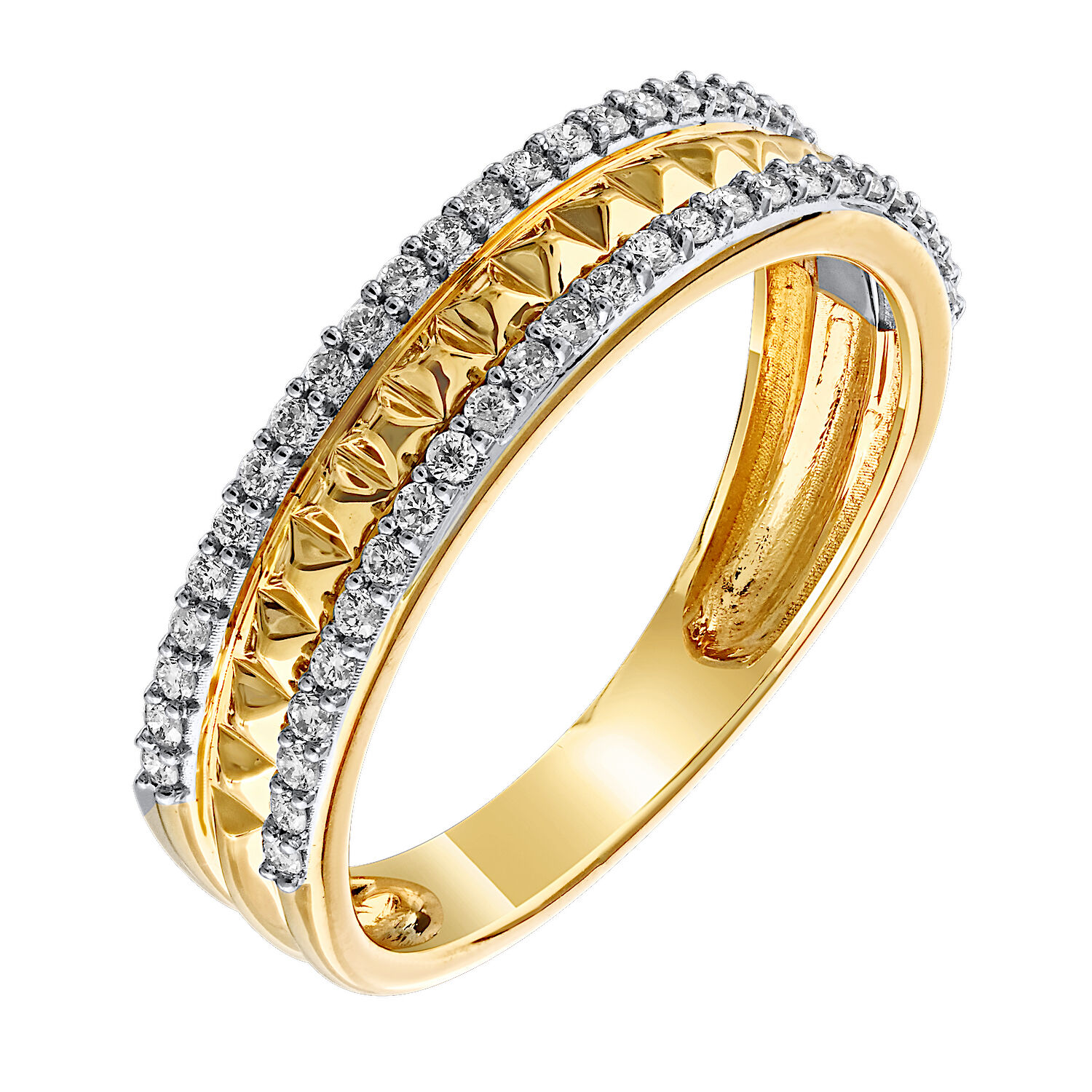 Textura™ 14K Yellow Gold Pyramid Texture Center with Pave Rails Diamond 0.25 Ctw