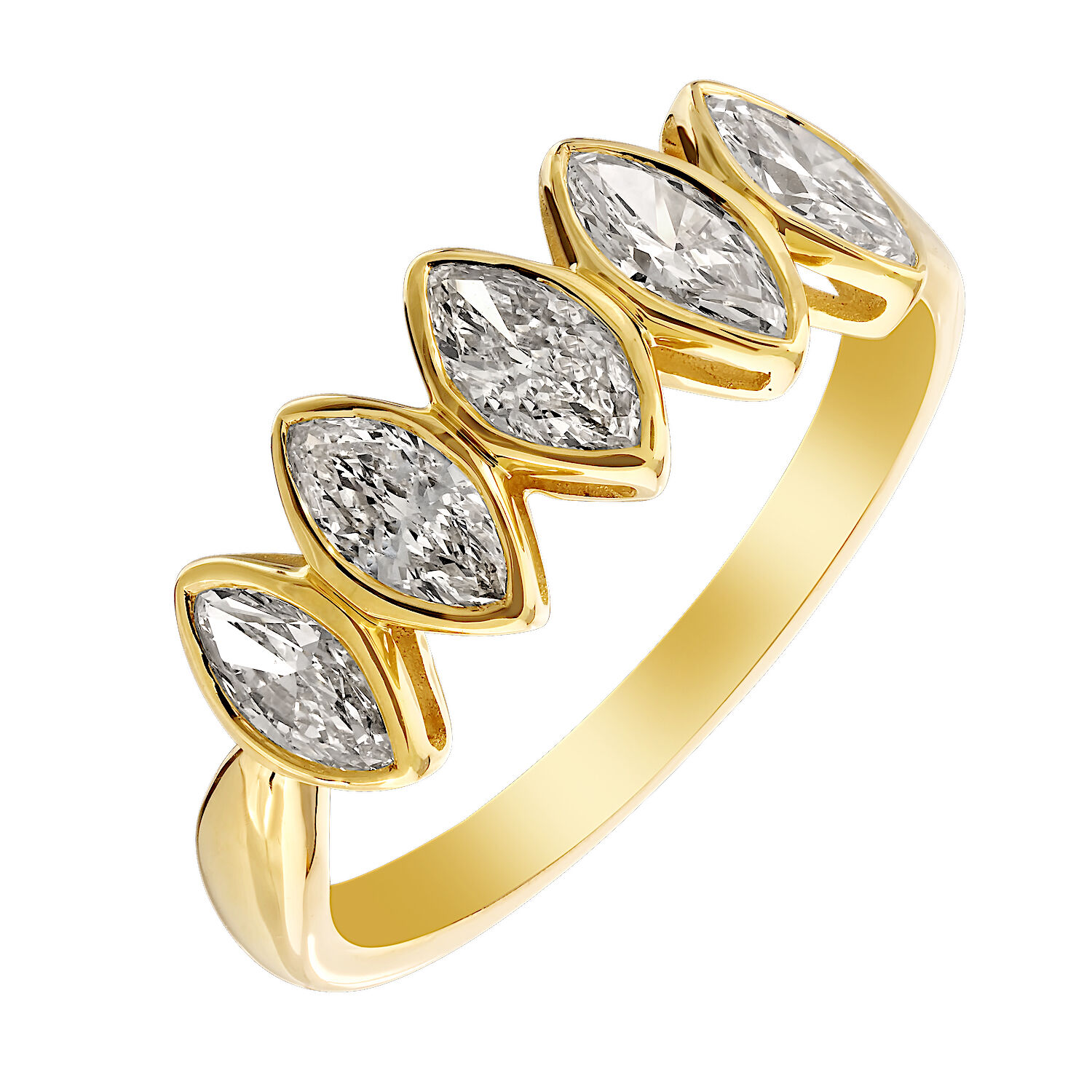14K Yellow Gold 5 Bezel Set Vertical MQ Diamond Ring 1.00 Ctw