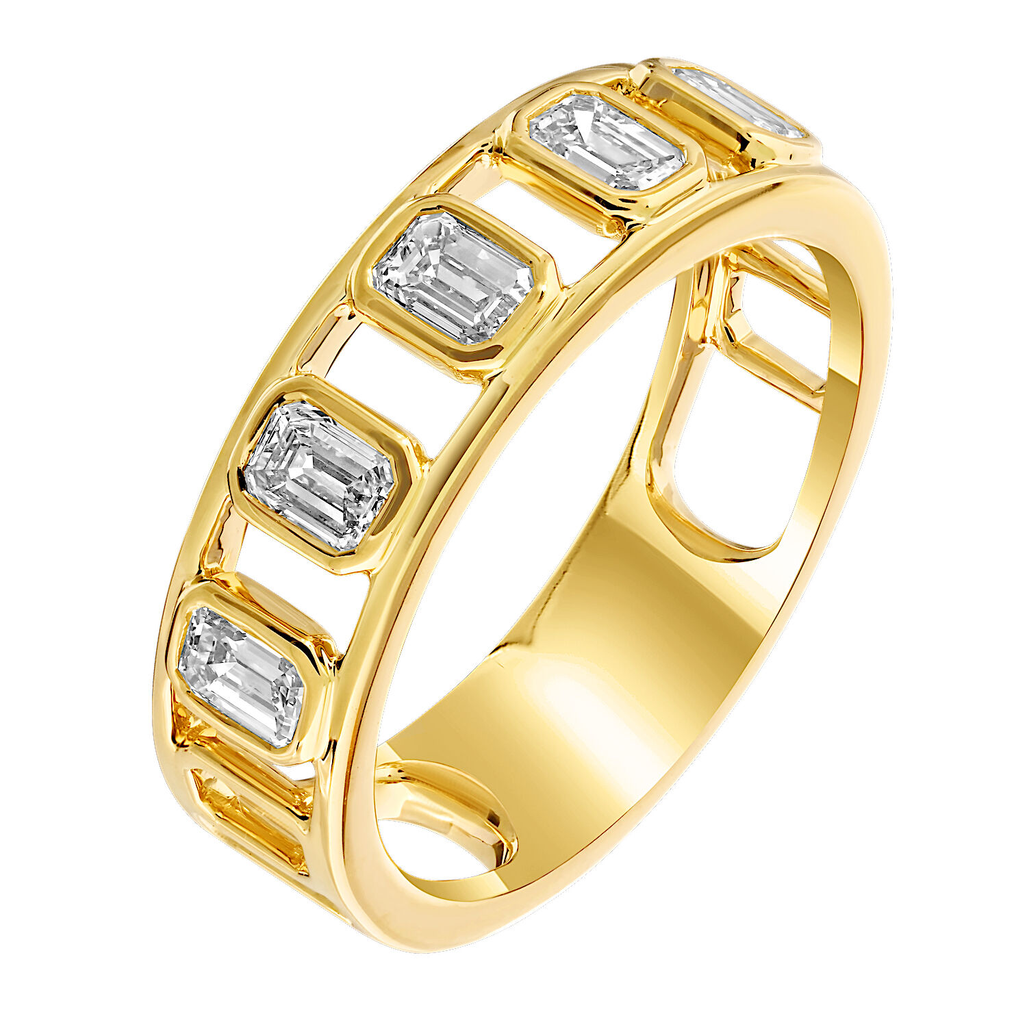 14K Yellow Gold 5 Bezel Set Emerald Cut Dias with Negative Space Between Diamond Ring 0.75 Ctw