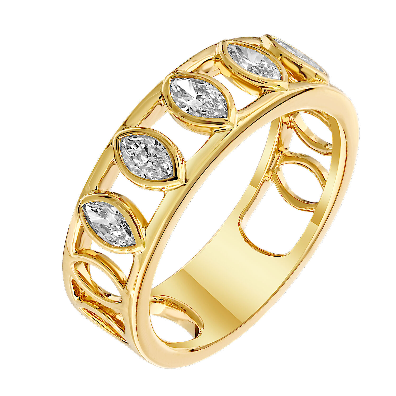 14K Yellow Gold 5 Bezel Set Vertical MQ with Negative Space Between Diamond Ring 0.53 Ctw