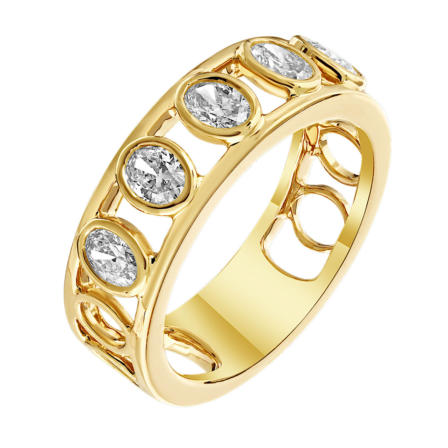 14K Yellow Gold 5 Bezel Set Ovals with Negative Space Between Diamond Ring 0.73 Ctw