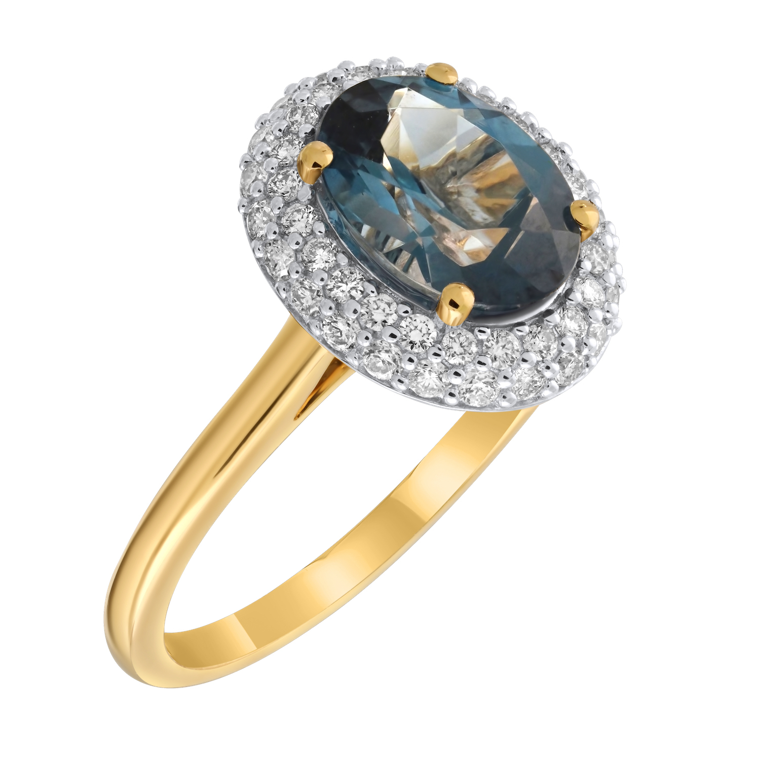 Majestic Gems™ 14k Yellow Gold Oval Blue Topaz with Double Halo Blue Topaz & Diamond 1.38 Ctw