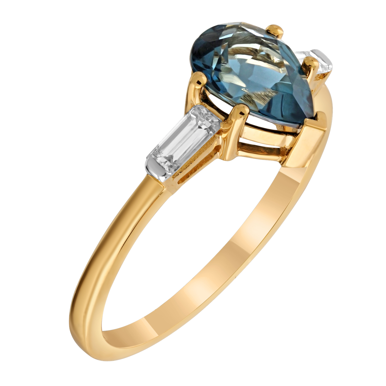 Majestic Gems™ 14k Yellow Gold Pear Shape Prong Set with Baguette Shoulders Blue Topaz & Diamond 1.24 Ctw