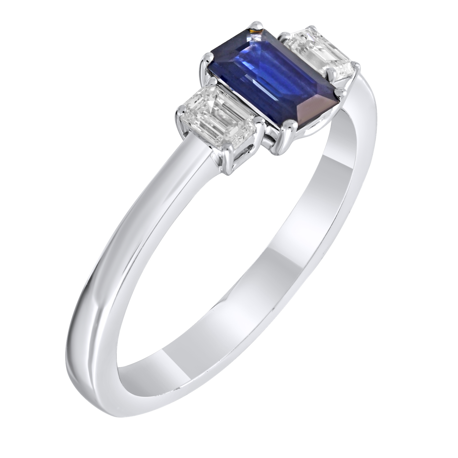 Majestic Gems™ 14k White Gold Emerald Shape Sapphire with Baguette Shoulders Blue Sapphire & Diamond 1.28 Ctw