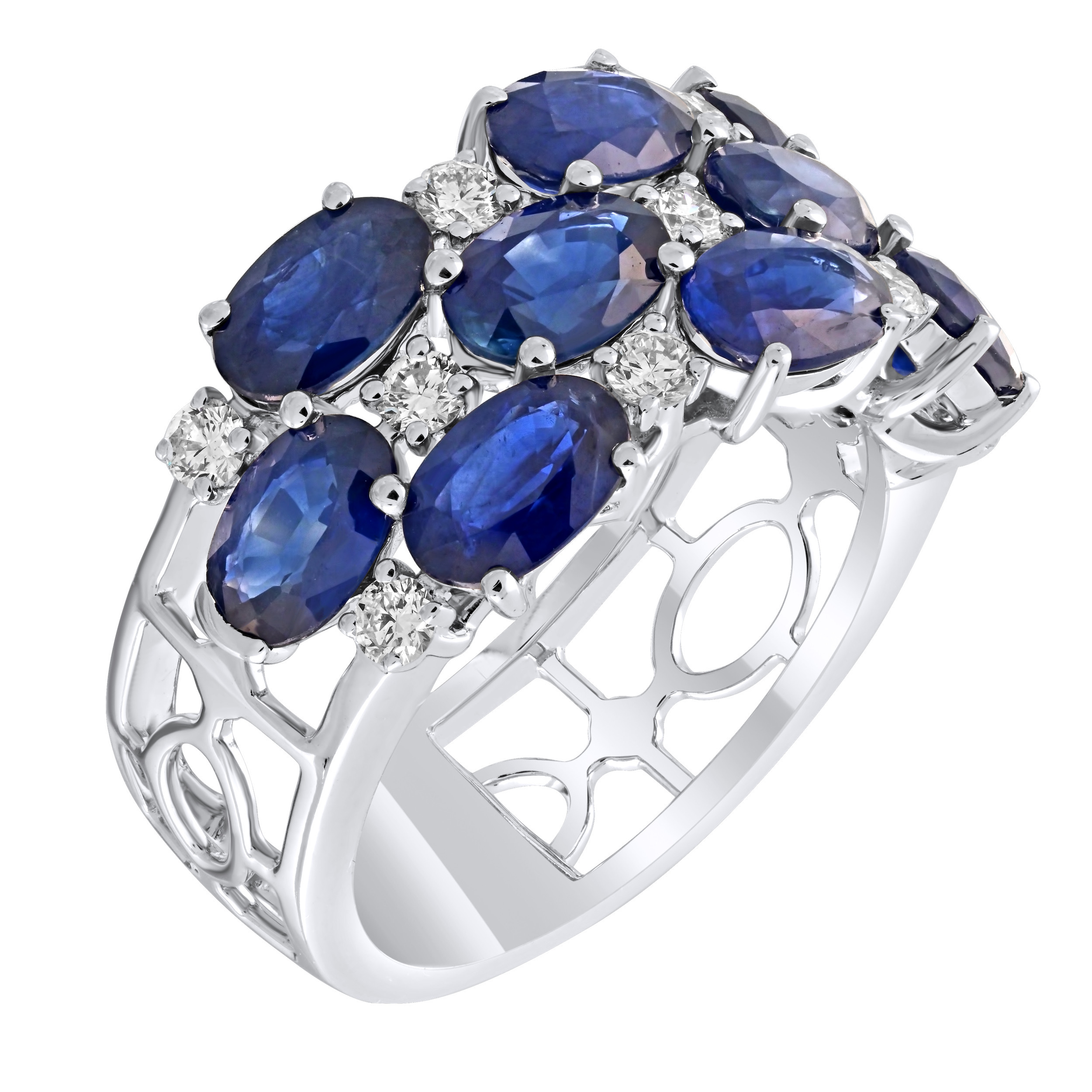 Majestic Gems™ 14k White Gold 3 Rows Oval Sapphires Alternating Round Dias Blue Sapphire & Diamond 10.46 Ctw