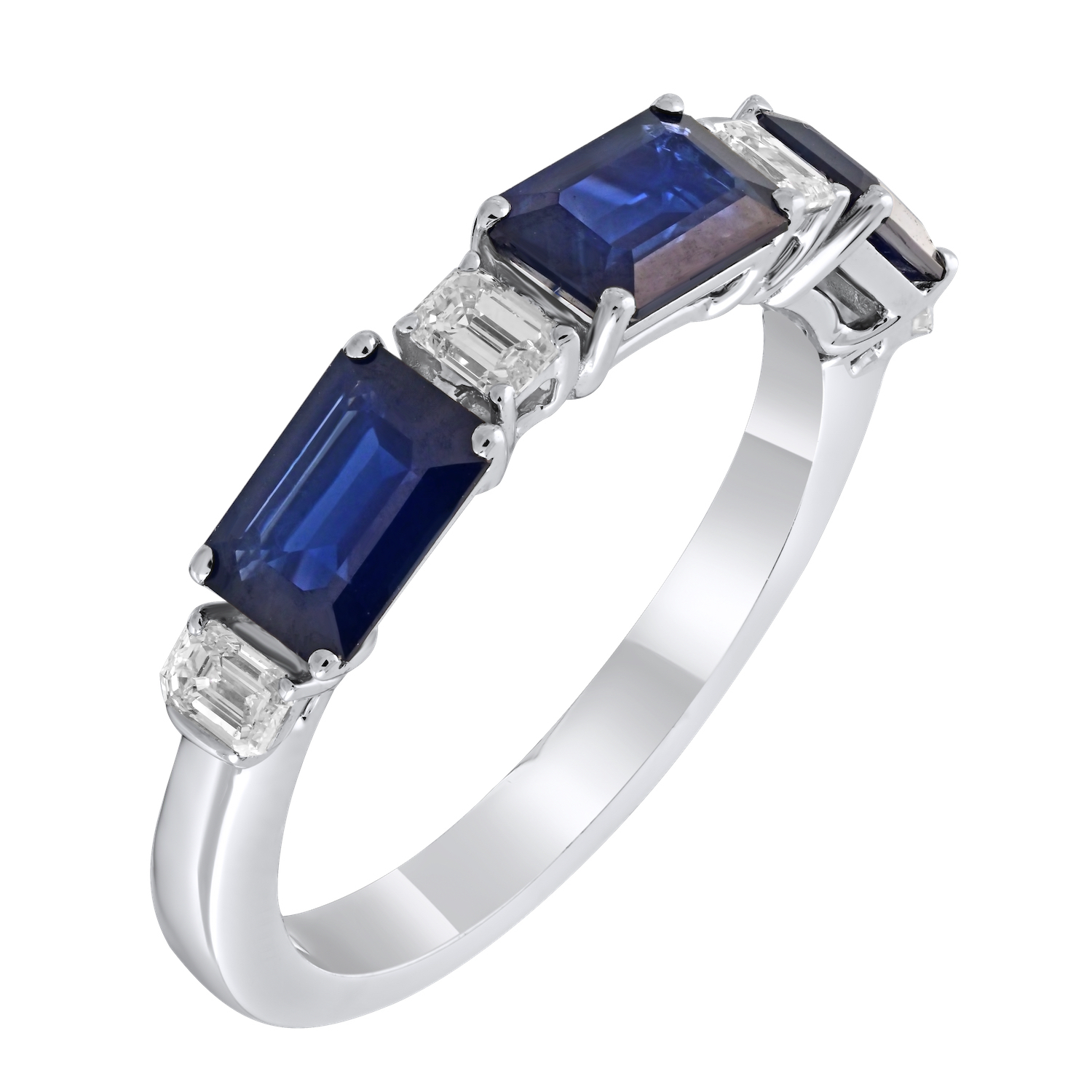 Majestic Gems™ 14k White Gold Emerald Shape Sapphire Alternating with Baguettes Blue Sapphire & Diamond 3.04 Ctw