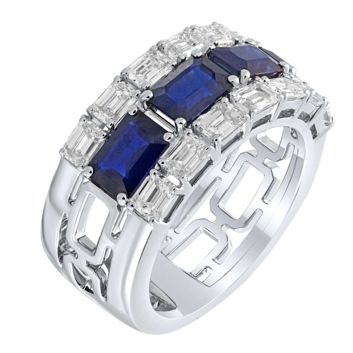 Majestic Gems™ 14k White Gold Emerald Shape Prong Set Center with Baguette Rails Blue Sapphire & Diamond 6.10 Ctw