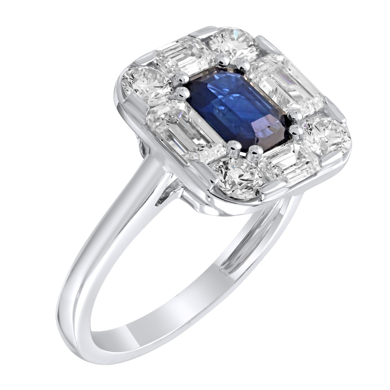 Majestic Gems™ 14k White Gold Emerald Shape Sapphire with Round & Baguette Halo Blue Sapphire & Diamond 2.68 Ctw