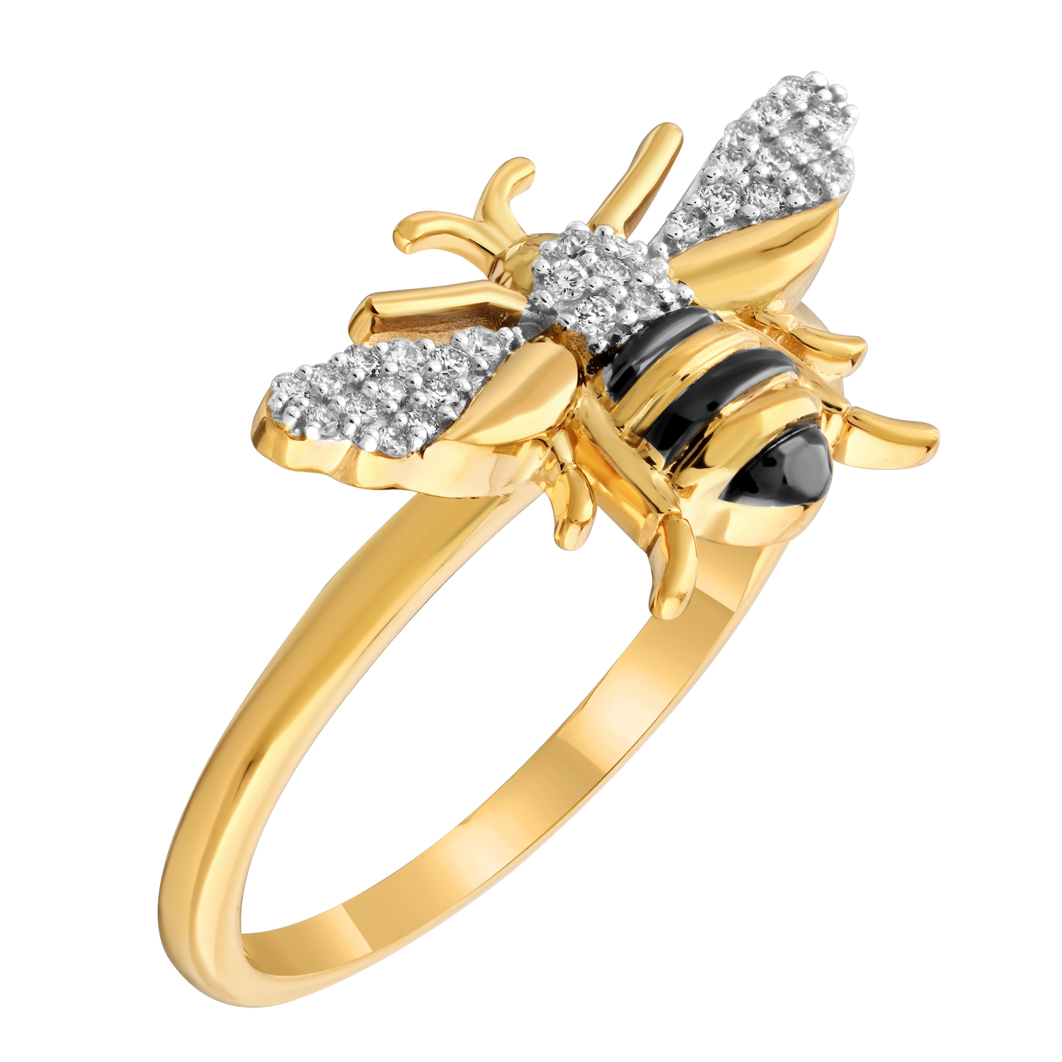 ZooLightful™ 14K Yellow Gold Bumble Bee Enamel & Pave Plain Shank Ring Diamond 0.11 Ctw