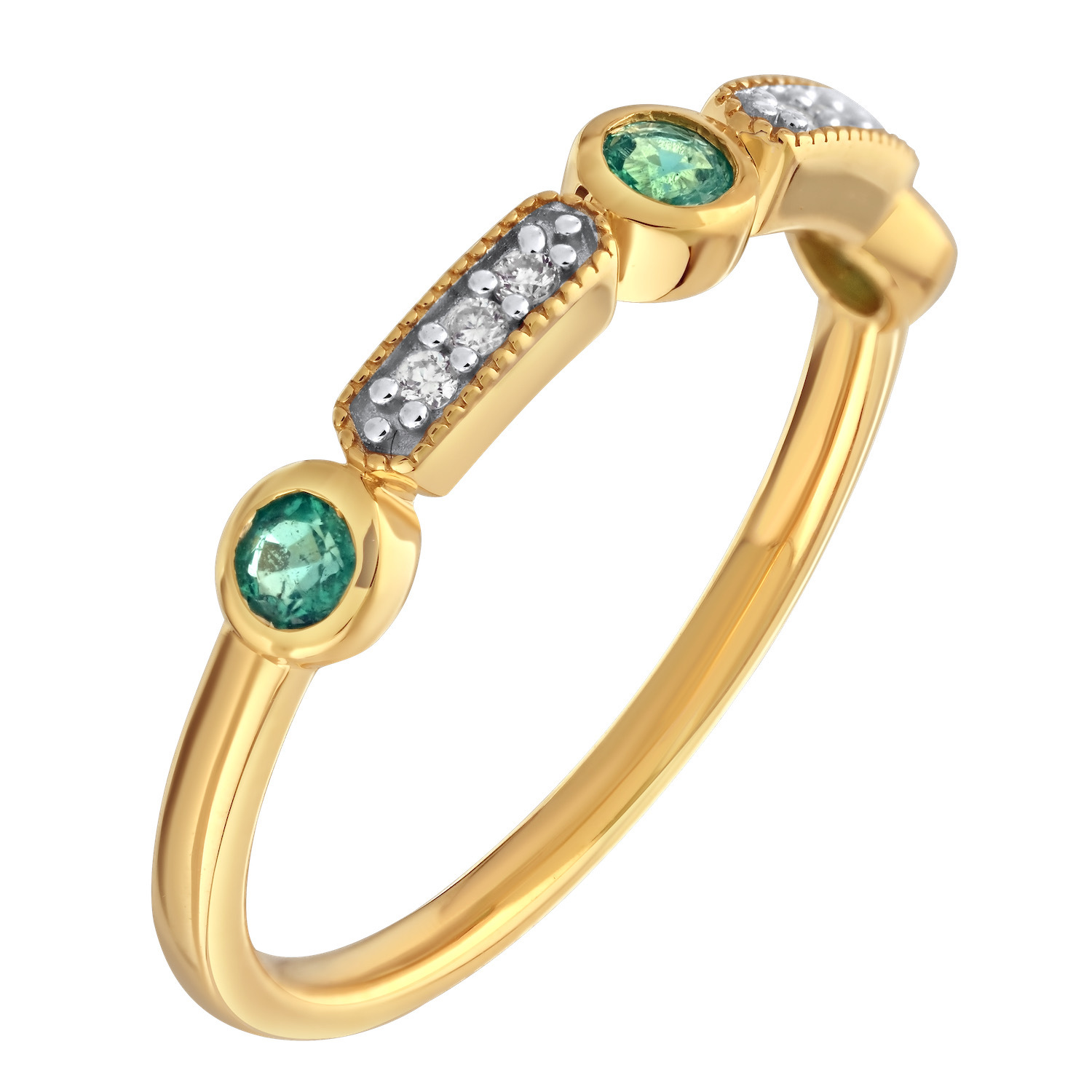 TriUnity™ 14K Yellow Gold Bezel Set Round Emeralds With Diamond Bars Between 0.21 Ctw