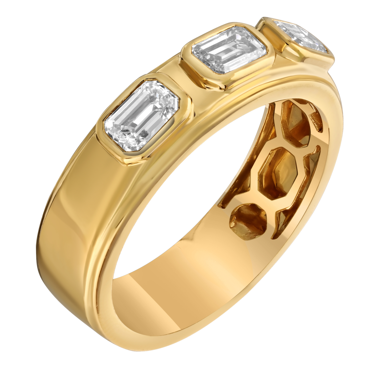 14K Yellow Gold 3 Bezel Set Emerald Cuts on Wide Band Diamond Ring 0.75 Ctw
