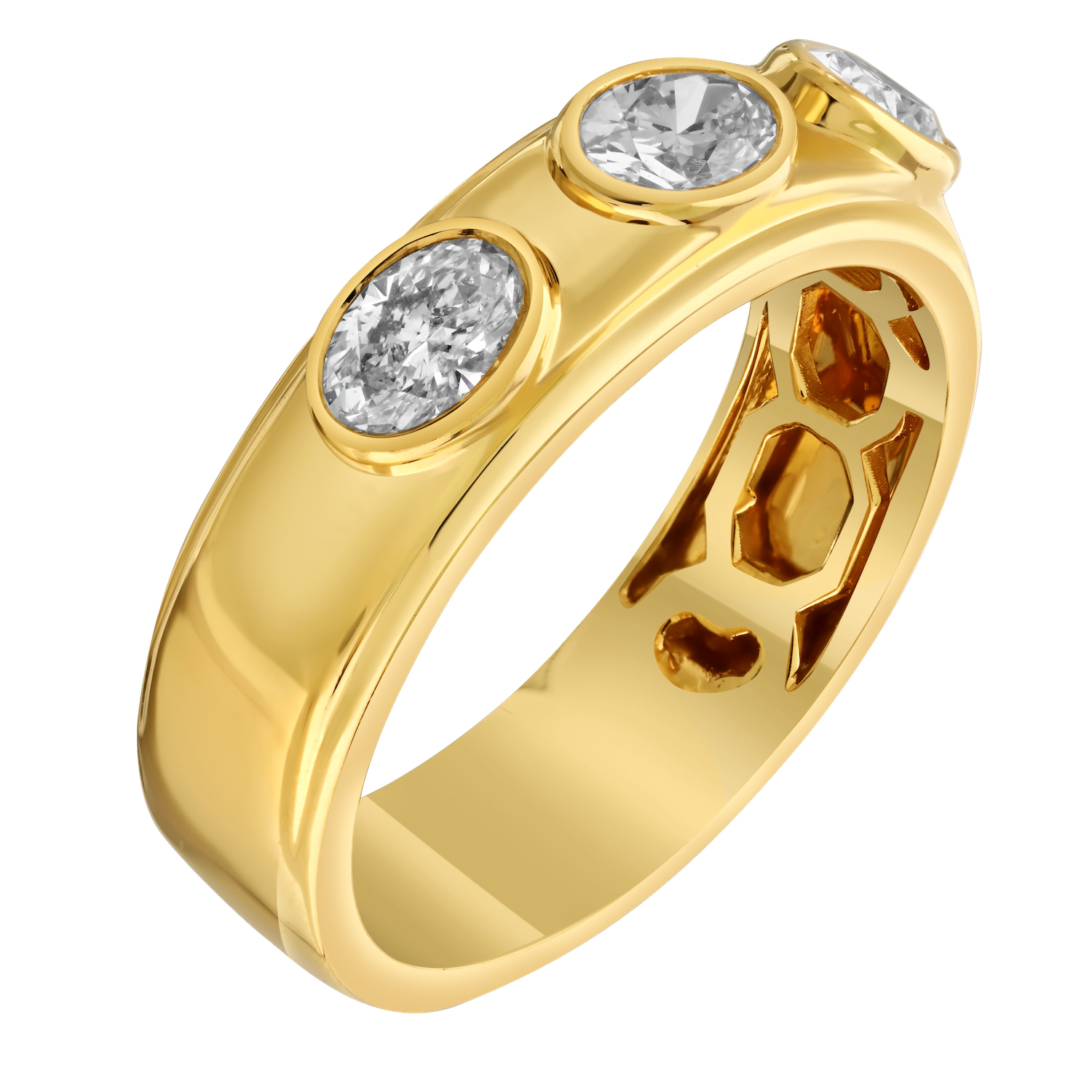 14K Yellow Gold 3 Bezel Set Oval Cuts on Wide Band Diamond Ring 0.75 Ctw