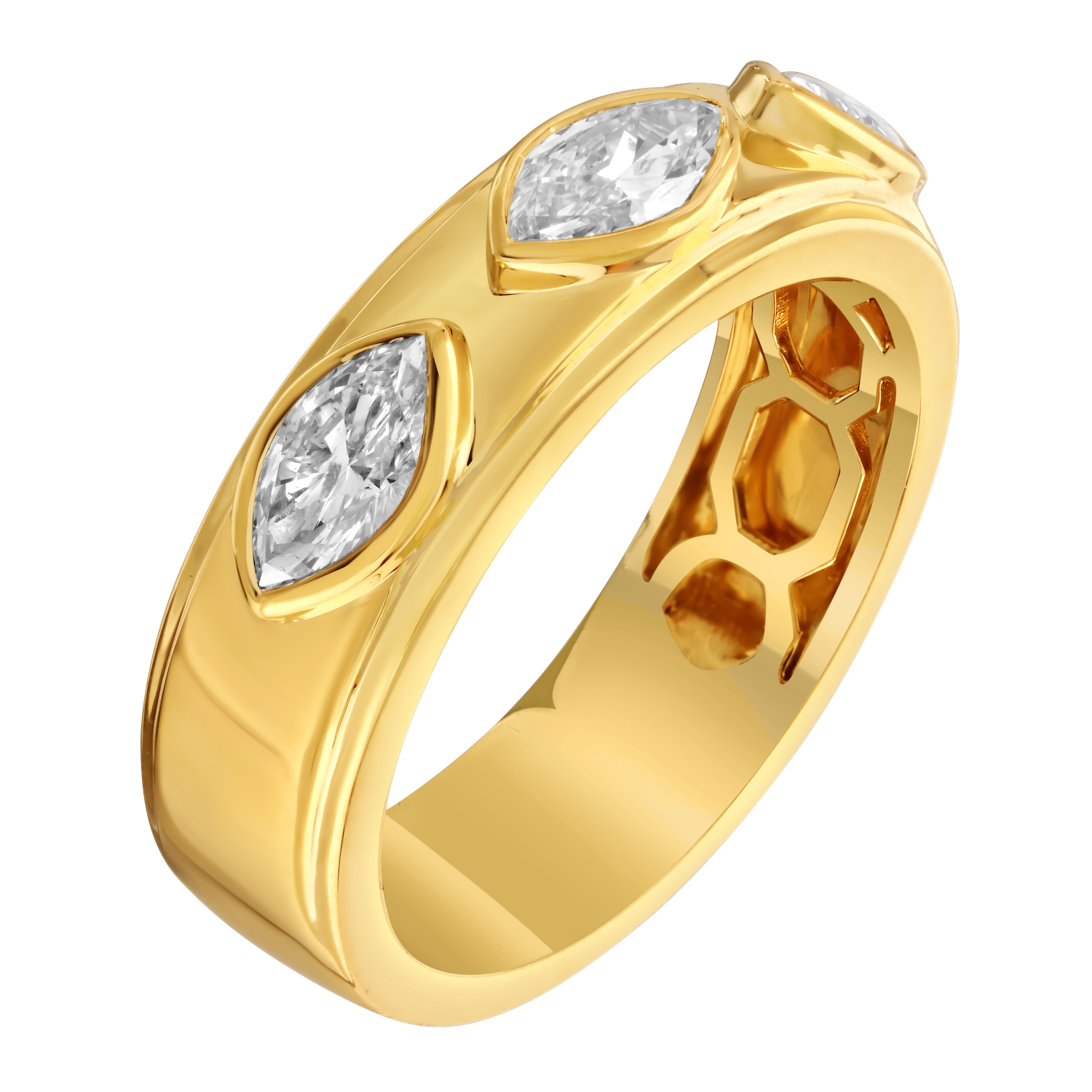 14K Yellow Gold 3 Bezel Set Marquise Cuts on Wide Band Diamond Ring 0.75 Ctw