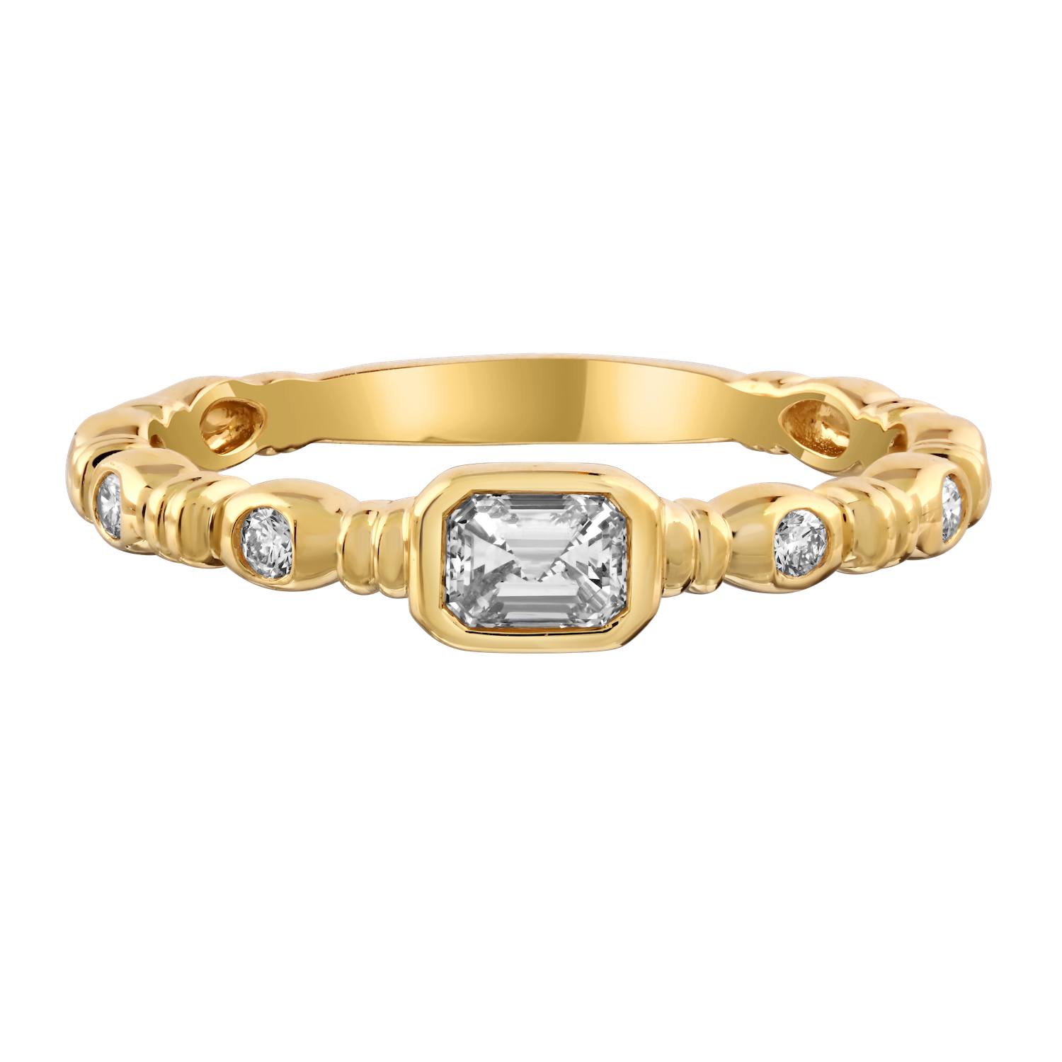 14K Yellow Gold Bezel Set Emerald Cut & Rounds with Bars Between Diamond Ring 0.32 Ctw