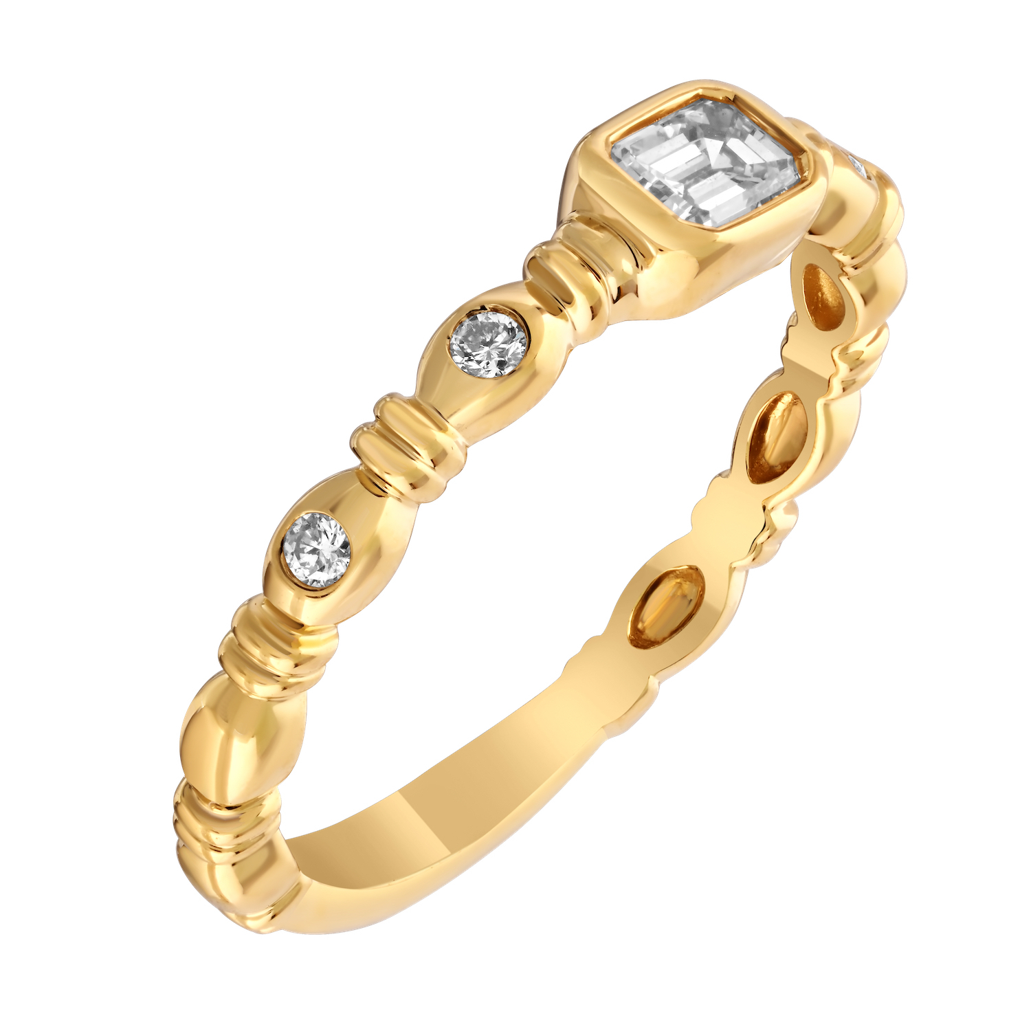14K Yellow Gold Bezel Set Emerald Cut & Rounds with Bars Between Diamond Ring 0.32 Ctw