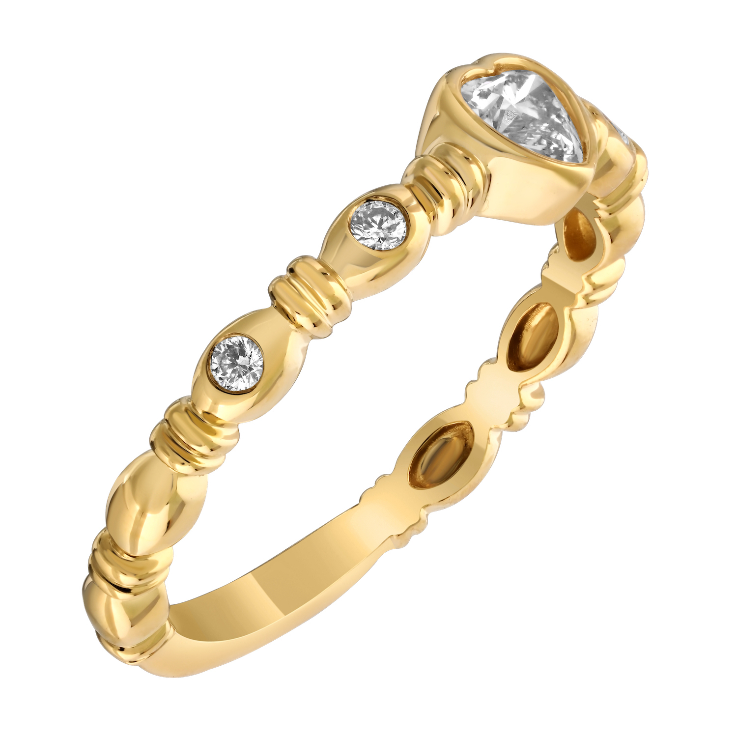 14K Yellow Gold Bezel Set Heart Shape & Rounds with Bars Between Diamond Ring 0.32 Ctw