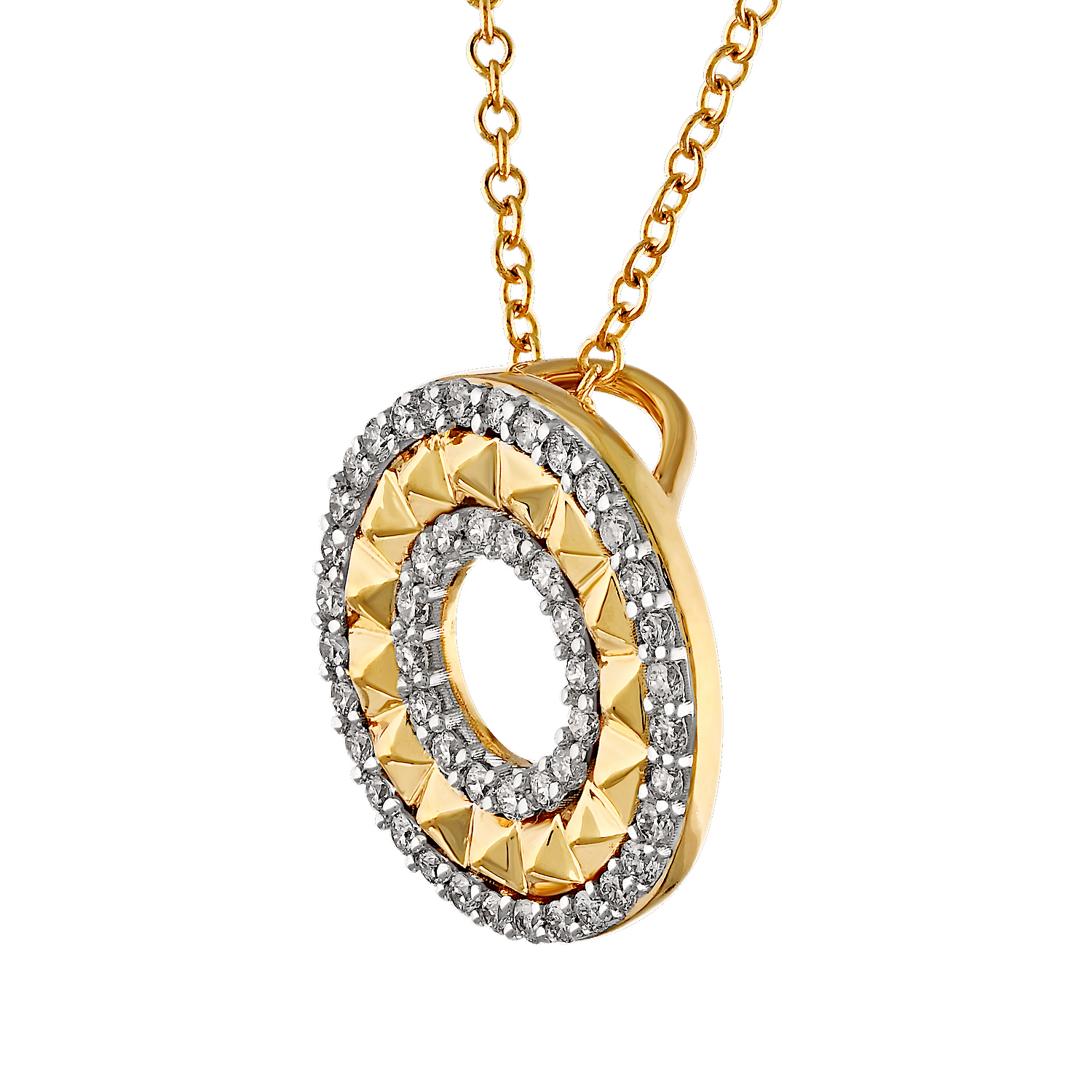Textura™ 14K Yellow Gold Circle with Pyramid Texture Center Inner & Outer Halo Hidden Bail Diamond 0.24 Ctw