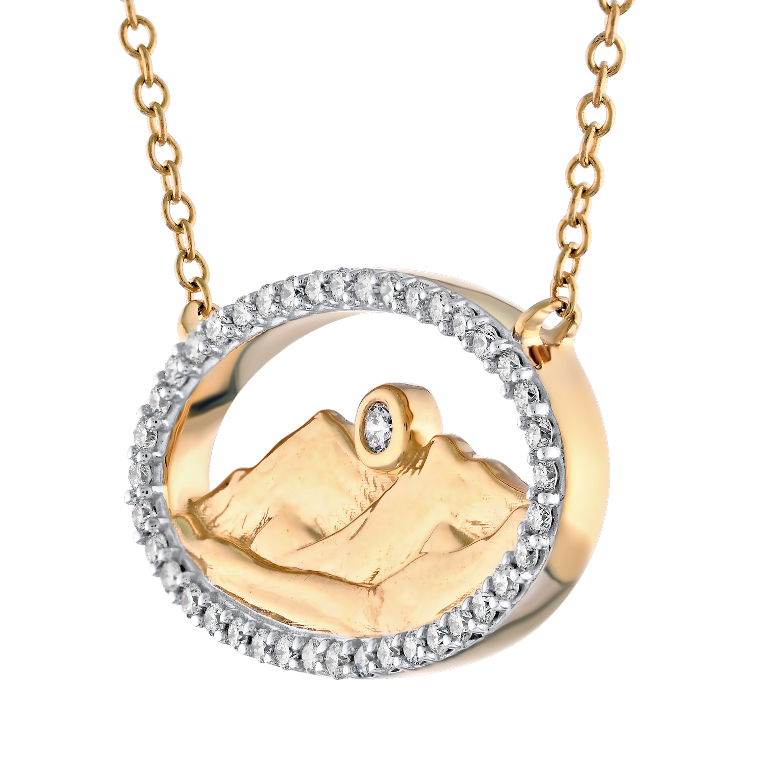 Diamond Peak™ 14K Yellow Gold Necklace Oval Diamond Set Frame with Etched Mountains Bezel Set Diamond Diamond 0.22 Ctw
