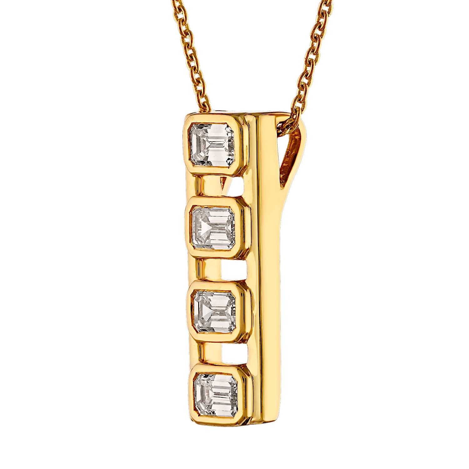 14K Yellow Gold 4 Bezel Set Emerald Cuts with Negative Space Between Diamond Pendant 0.60 Ctw