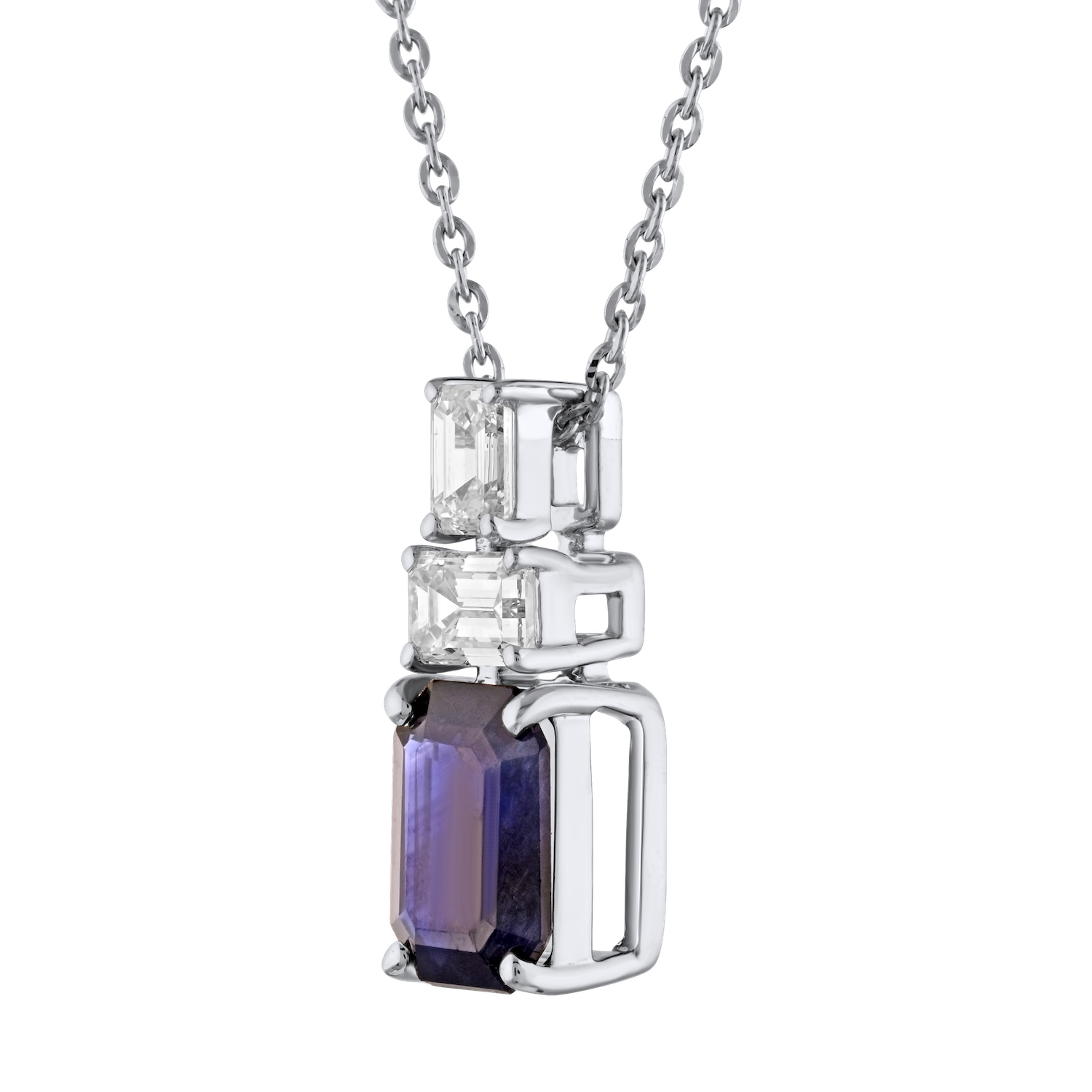 Majestic Gems™ 14k White Gold Emerald Shape Sapphire with Vertical & Horizontal Baguettes Blue Sapphire & Diamond 1.32 Ctw