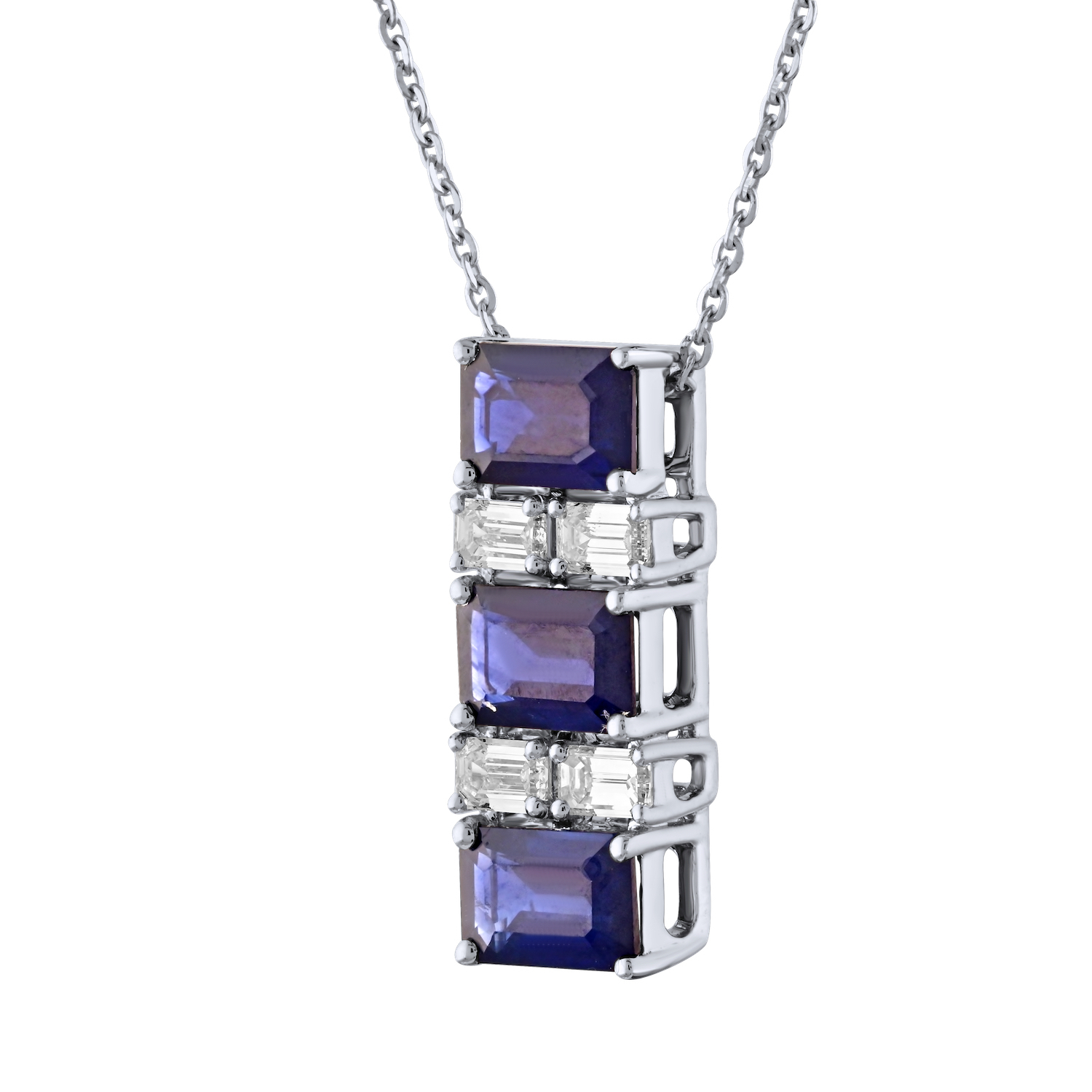 Majestic Gems™ 14k White Gold Emerald Shape Sapphire & Baguettes Prong Set Blue Sapphire & Diamond 3.40 Ctw