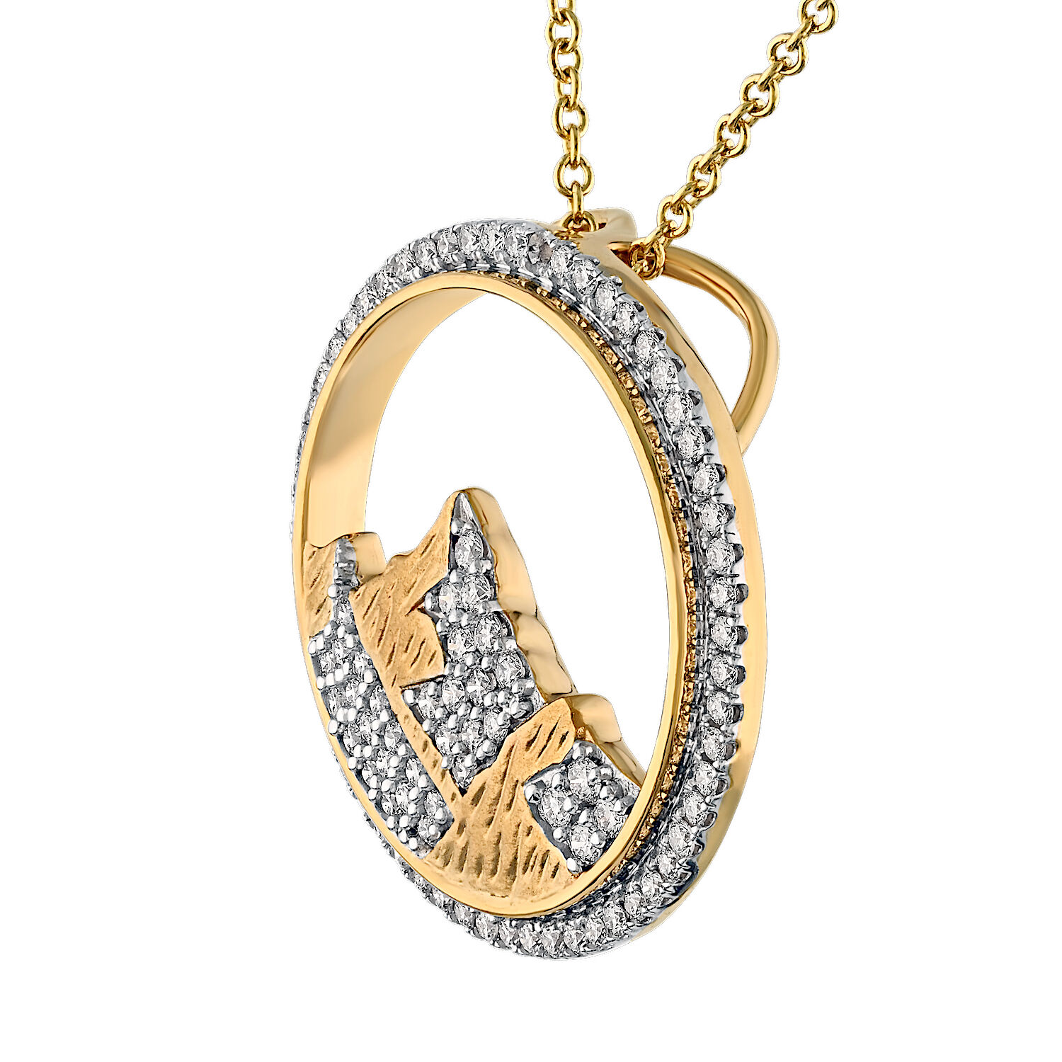 Diamond Peak™ 14K Yellow Gold Pendant Pave Snow Capped Mountains in Pave Circle Hidden Bail Diamond 0.32 Ctw