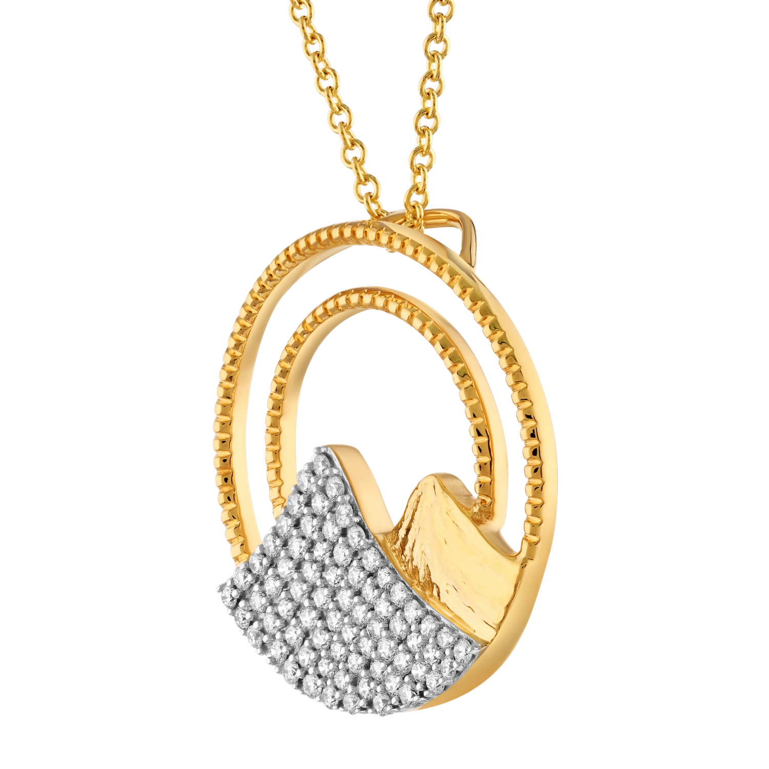 Diamond Peak™ 14K Yellow Gold Pendant Pave Snow Mountain with Etched Mountain in Double Circle Hidden Bail Diamond 0.25 Ctw