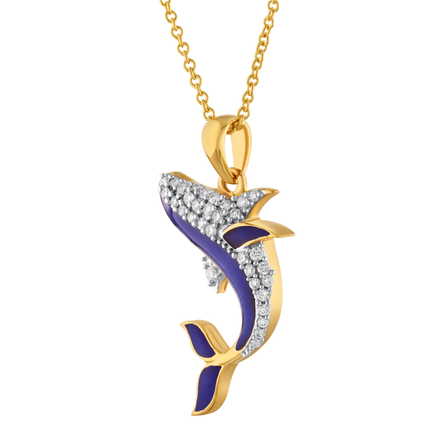 Oceanity™ 14K Yellow Gold Pendant Enamel Pave Breaching Whale Diamond 0.15 Ctw