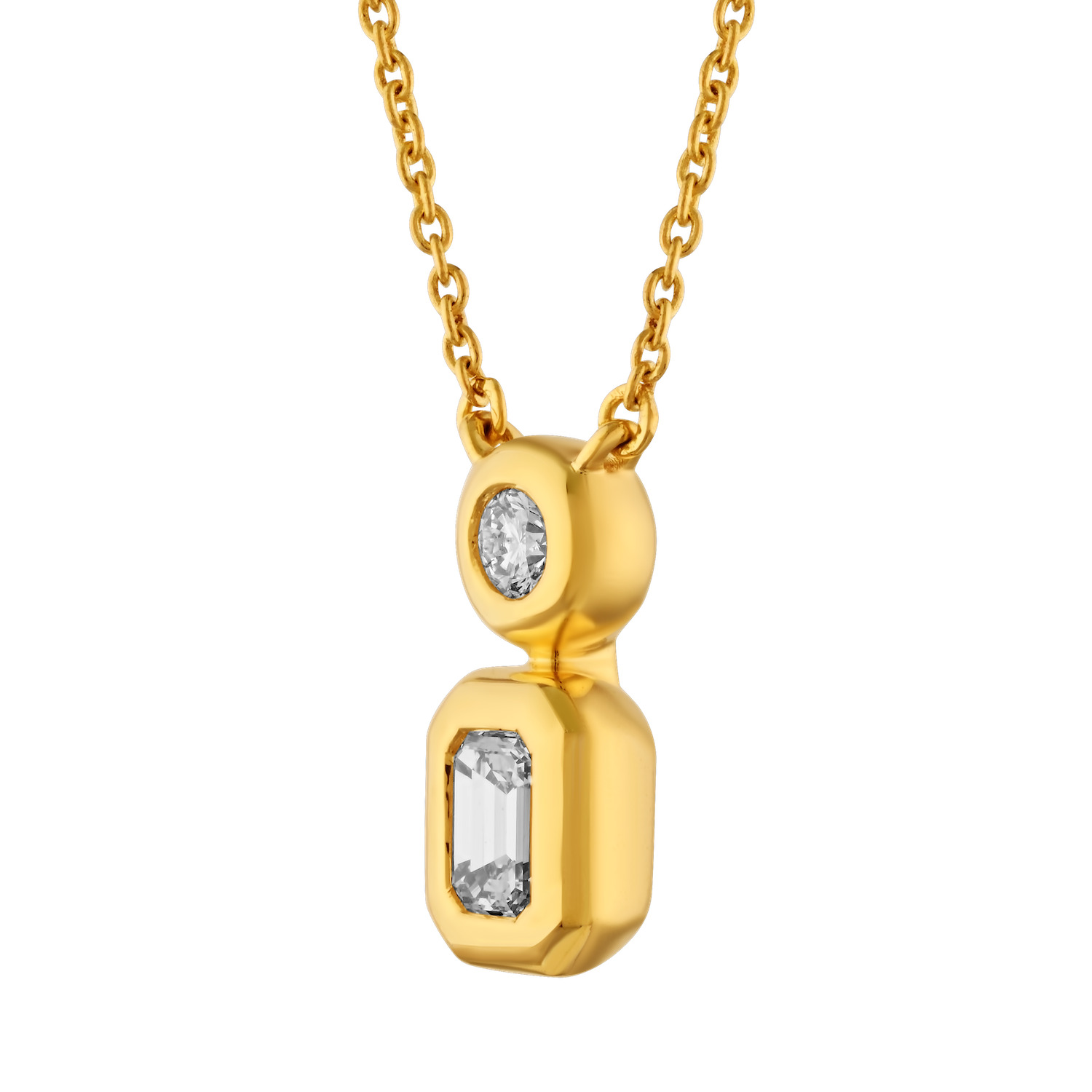 14K Yellow Gold Bezel Set Emerald & Round 2 Stones Diamond Necklace 0.33 Ctw