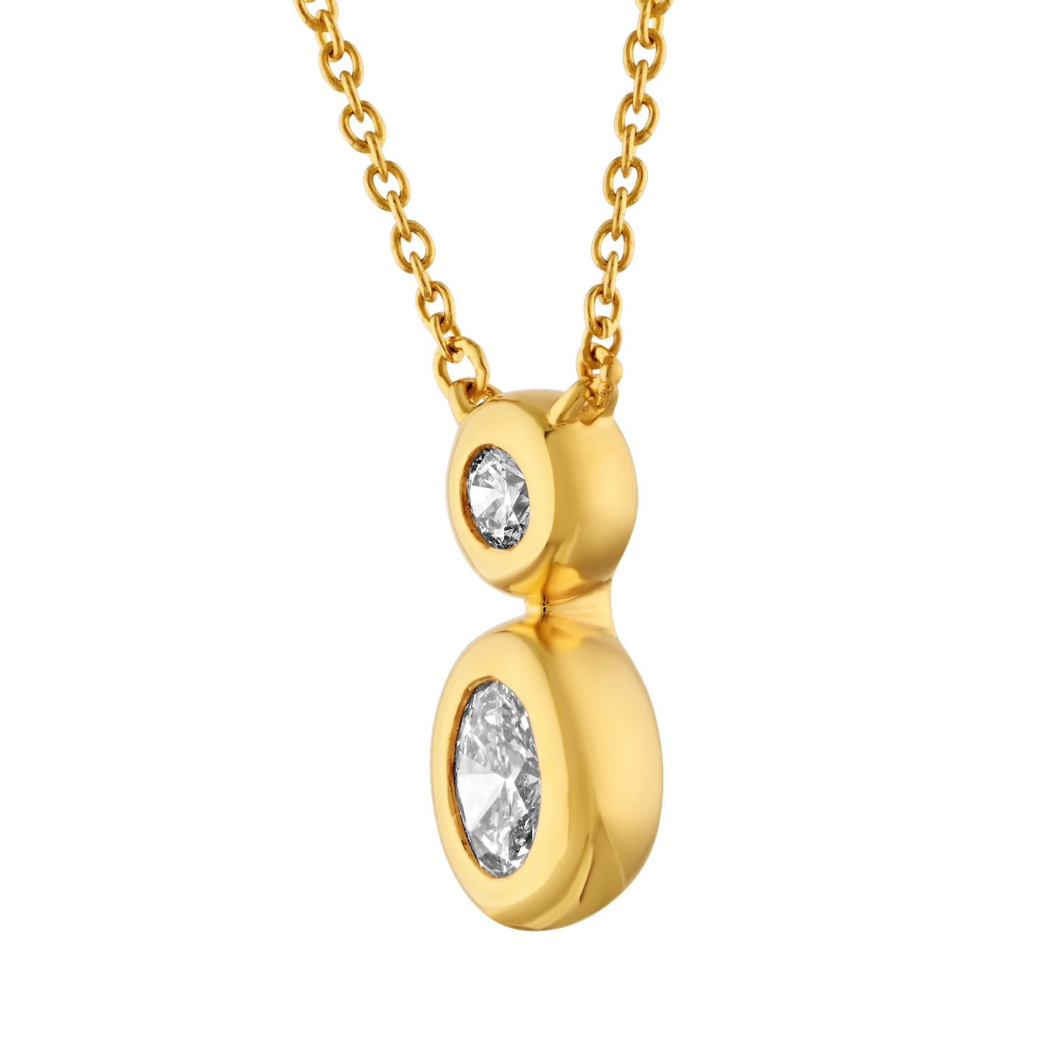 14K Yellow Gold Bezel Set Oval & Round 2 Stones Diamond Necklace 0.33 Ctw