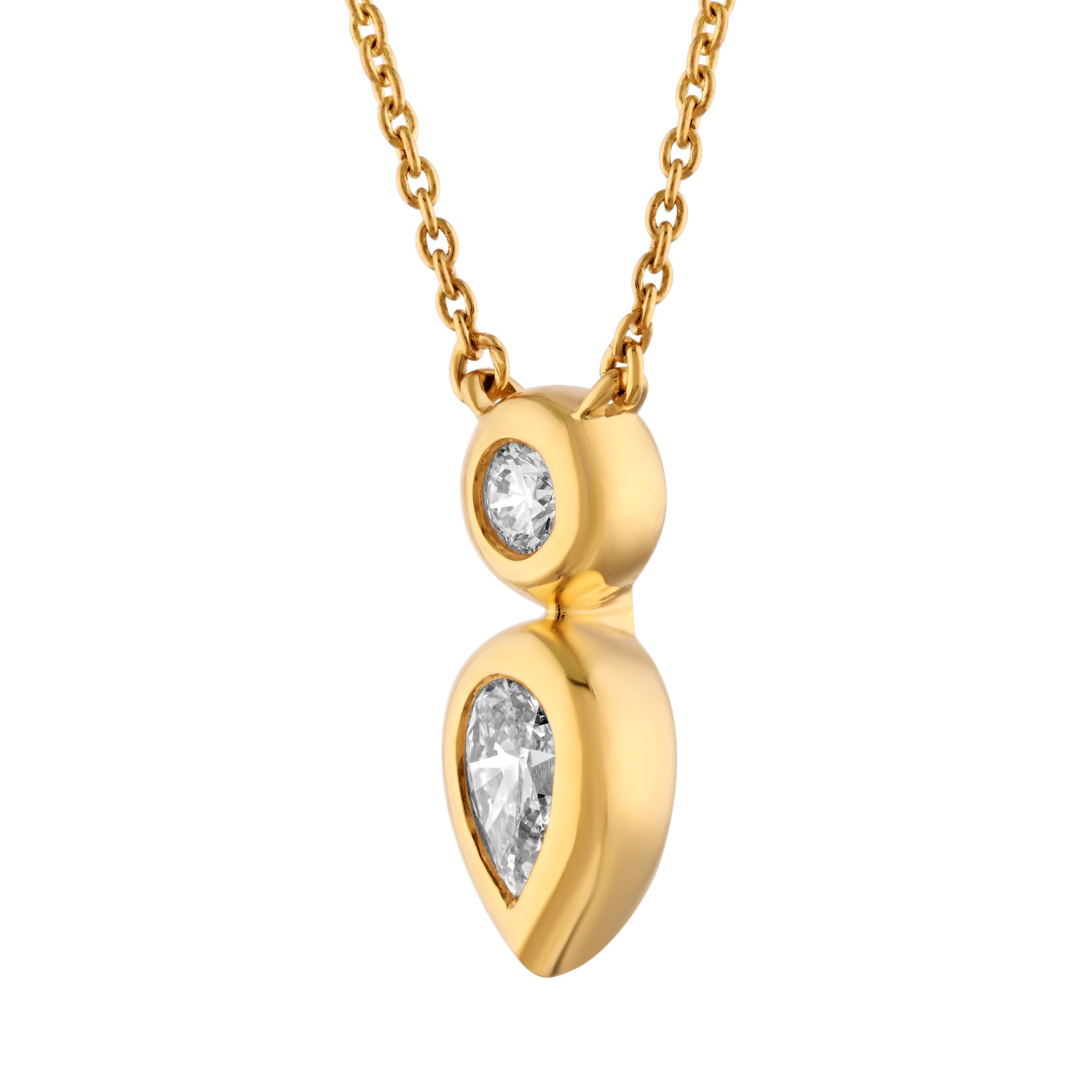 14K Yellow Gold Bezel Set Pear Shape & Round 2 Stones Diamond Necklace 0.33 Ctw
