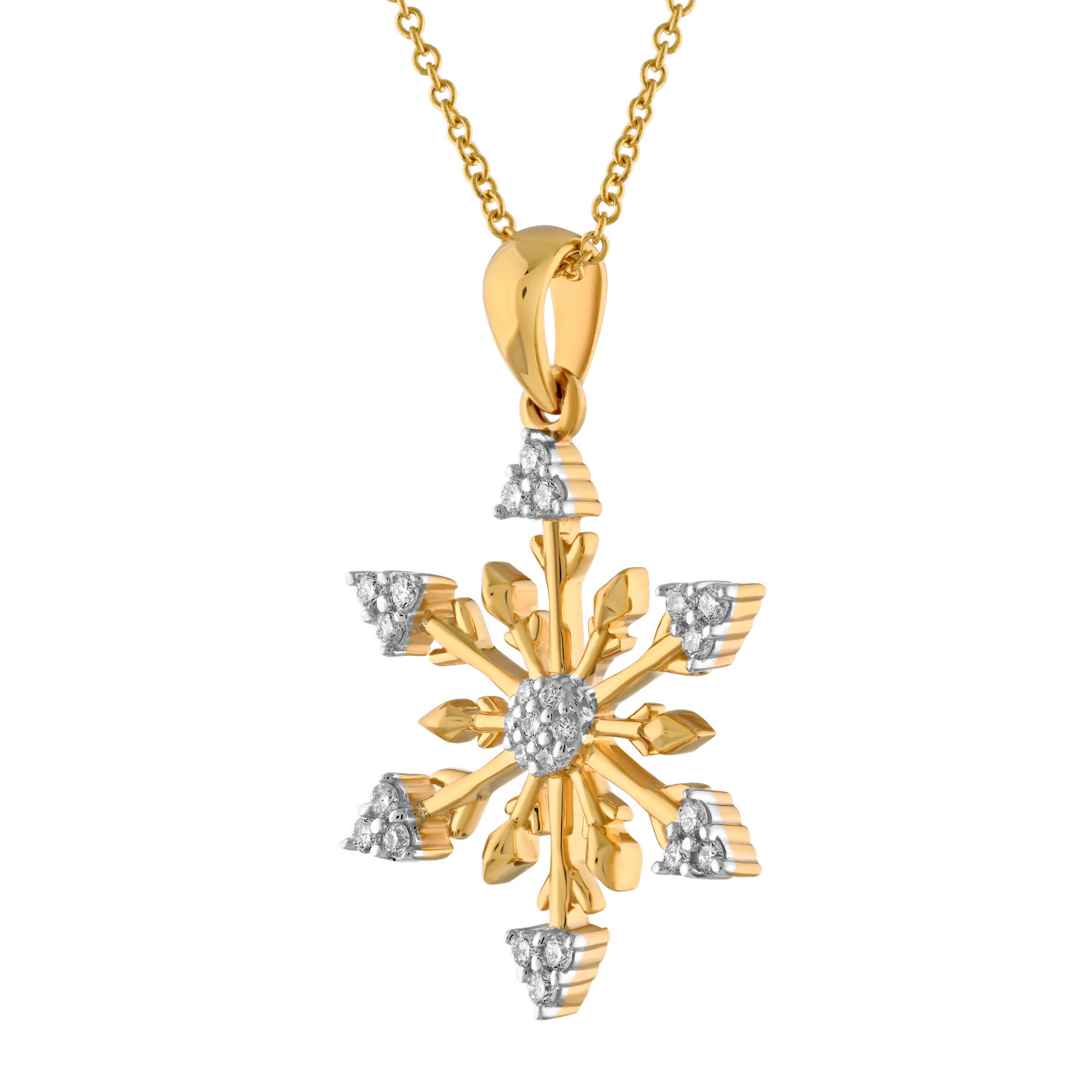 Diamond Frost™ 14k Yellow Gold Snowflake Prong Set Cluster Center Triangluar Points Pendant Diamond 0.20 Ctw