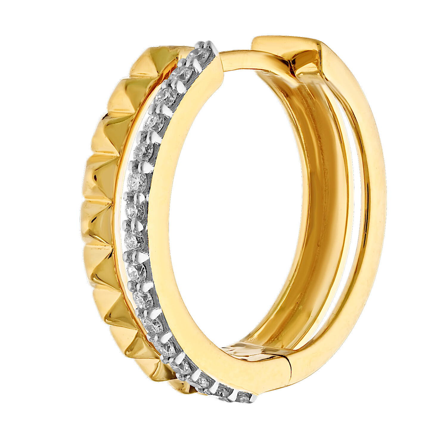 Textura™ 14K Yellow Gold Hoops Pyramid Textured with Pave Diamond 0.20 Ctw