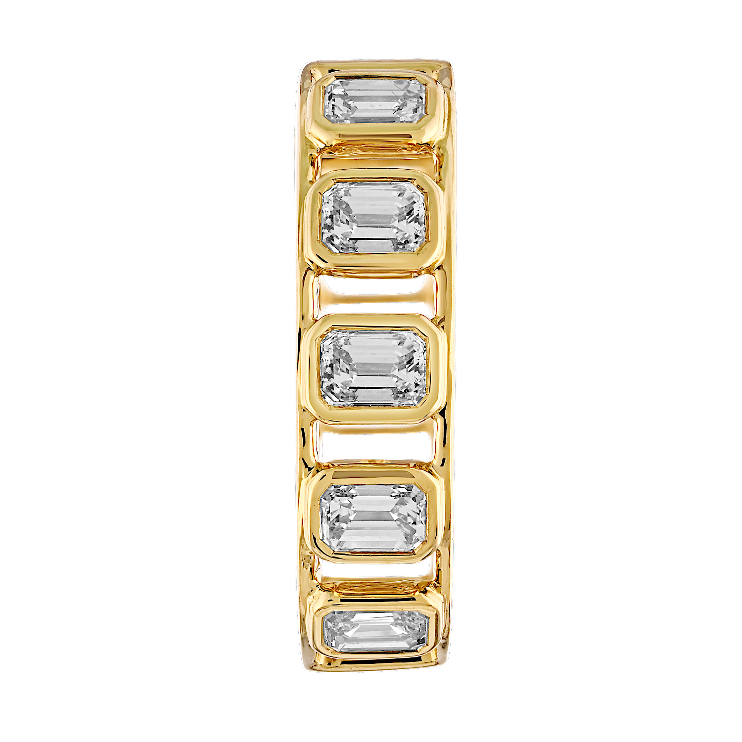 14K Yellow Gold Hoops with Bezel Set Emerald Cuts with Negative Space Between Diamond Earrings 1.50 Ctw