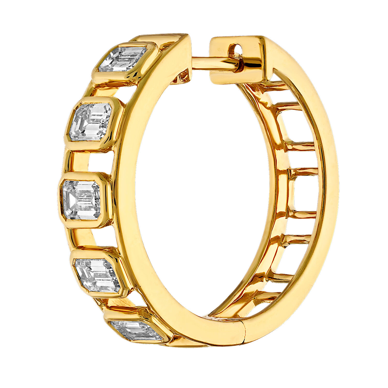 14K Yellow Gold Hoops with Bezel Set Emerald Cuts with Negative Space Between Diamond Earrings 1.50 Ctw