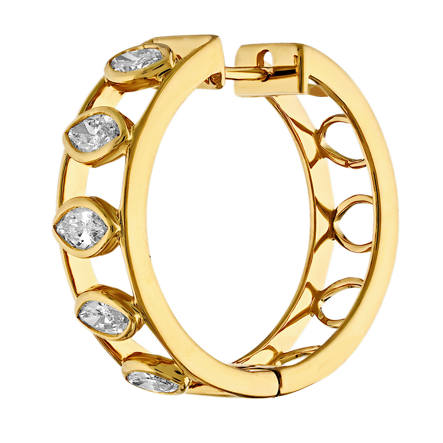 14K Yellow Gold Bezel Set Oval Diamond Hoops with Negative Space Between Diamond Earrings 1.46 Ctw